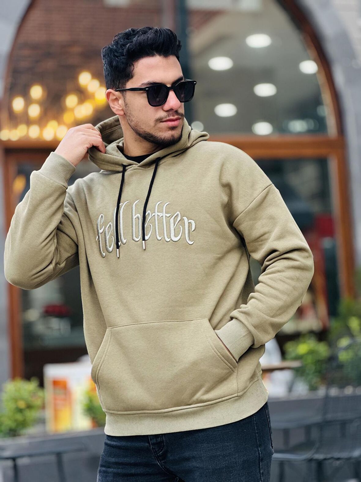 Miron Haki Fell Better Nakışlı Kapşonlu Üç İplik Oversize Sweatshirt