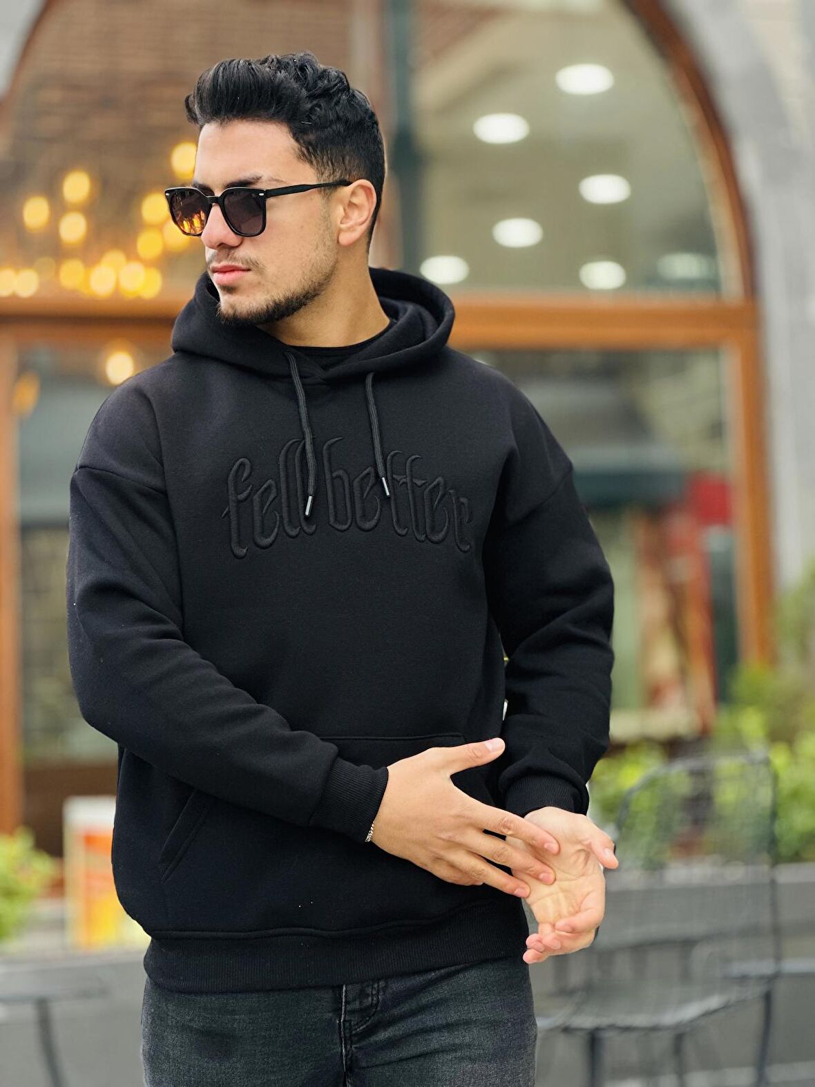 Miron Siyah Fell Better Nakışlı Kapşonlu Üç İplik Oversize Sweatshirt