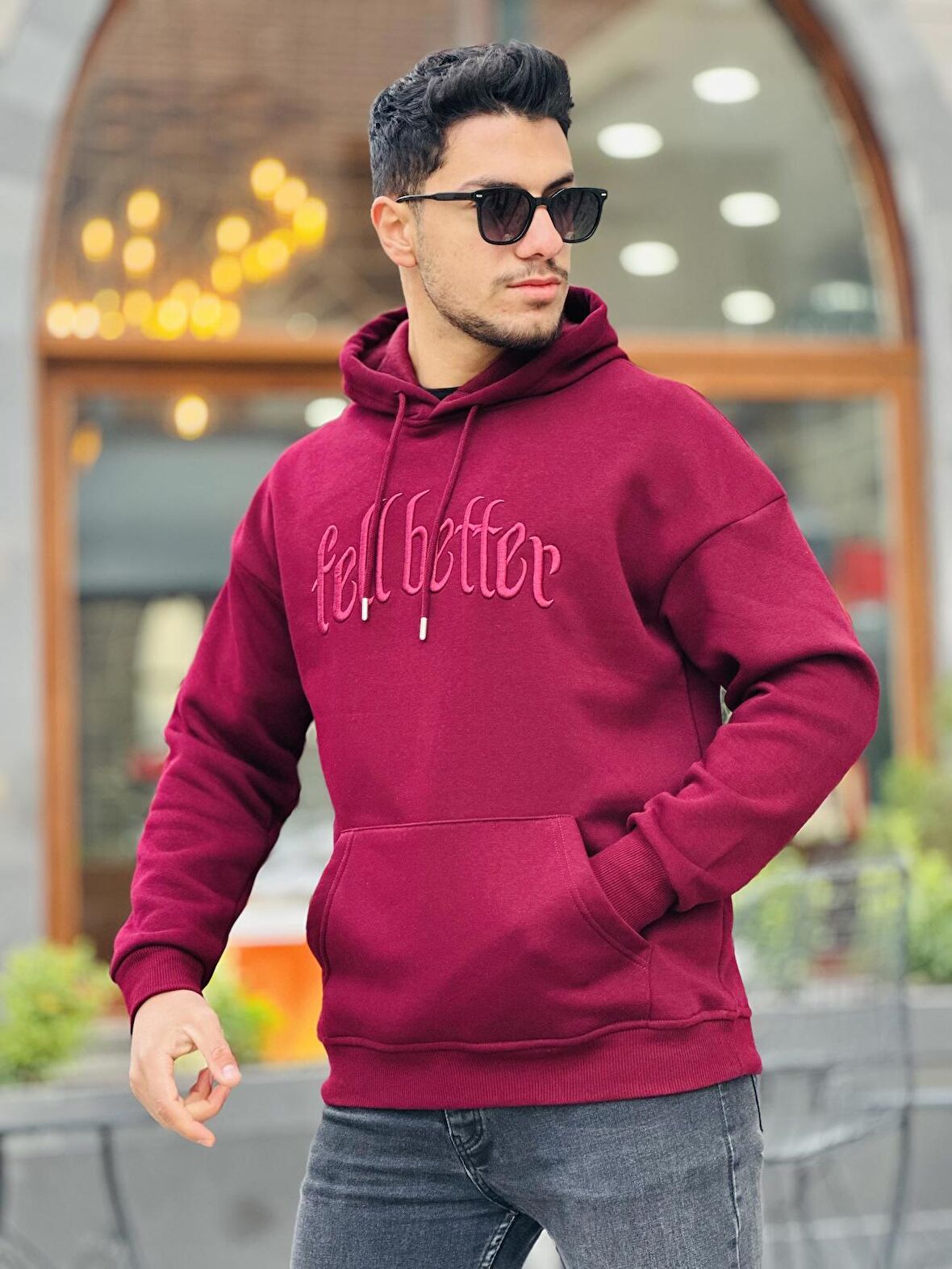 Miron Bordo Fell Better Nakışlı Kapşonlu Üç İplik Oversize Sweatshirt