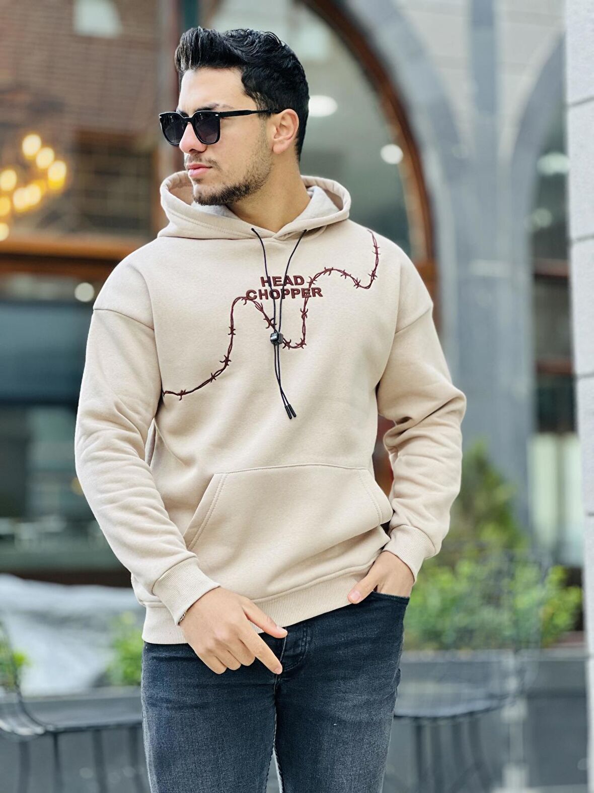 Miron Bej Üç İplik Head Chopper Nakışlı Oversize Kapşonlu Sweatshirt