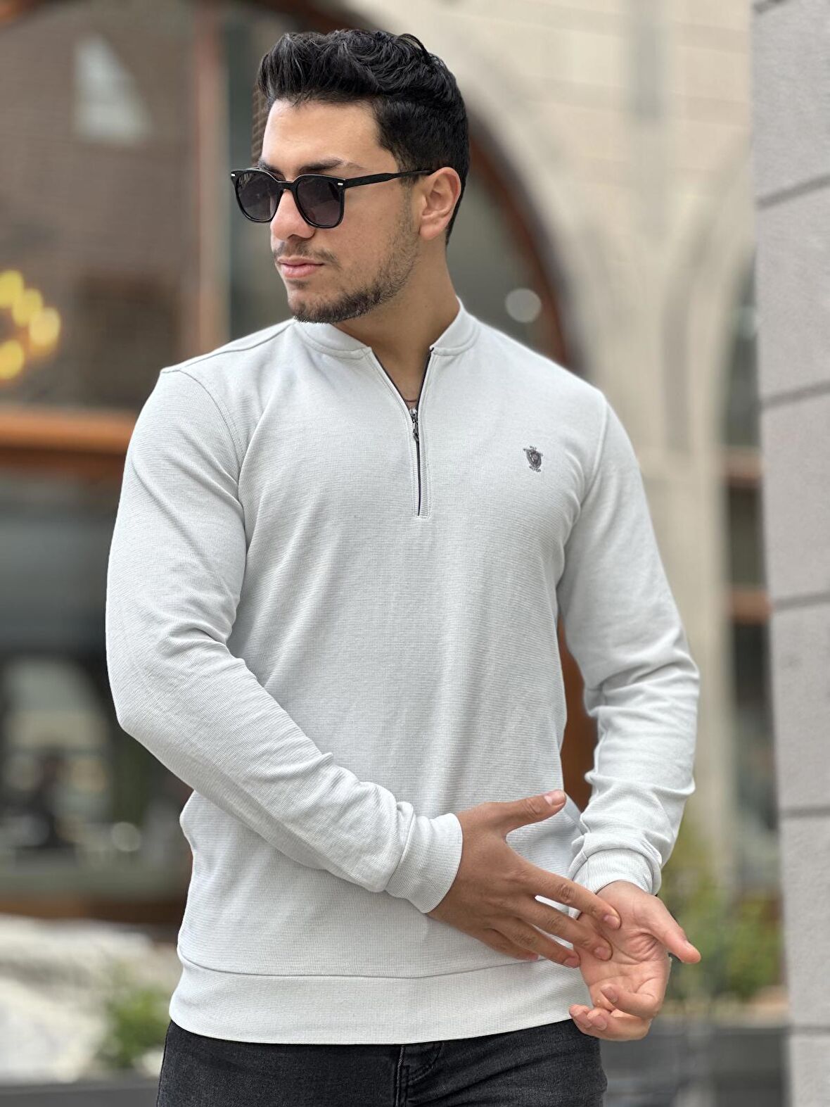 Yarım Fermuarlı Kolej Yaka Sweatshirt Regular Fit-Açık Gri