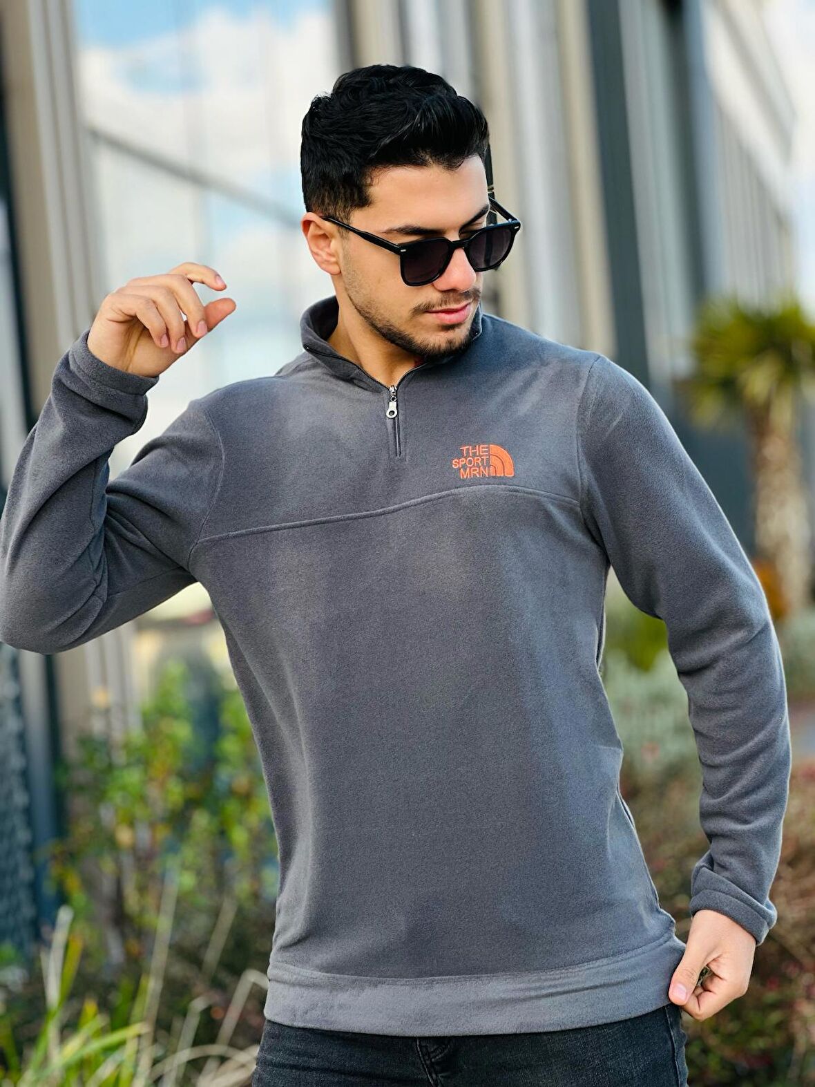 Miron Füme Unisex Nakışlı Dik Yaka Yarım Fermuarlı Polar Sweatshirt