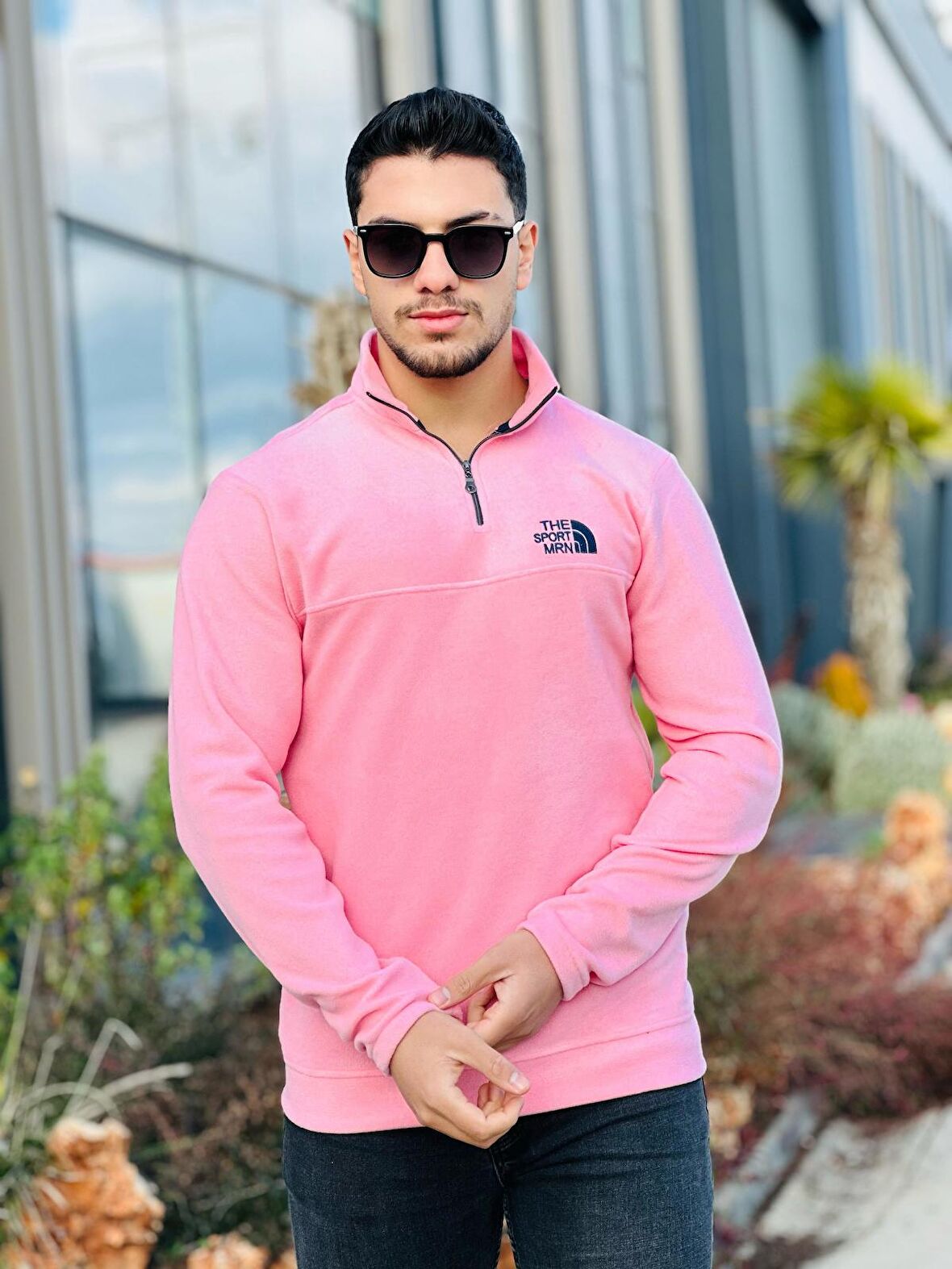 Miron Pembe Unisex Nakışlı Dik Yaka Yarım Fermuarlı Polar Sweatshirt