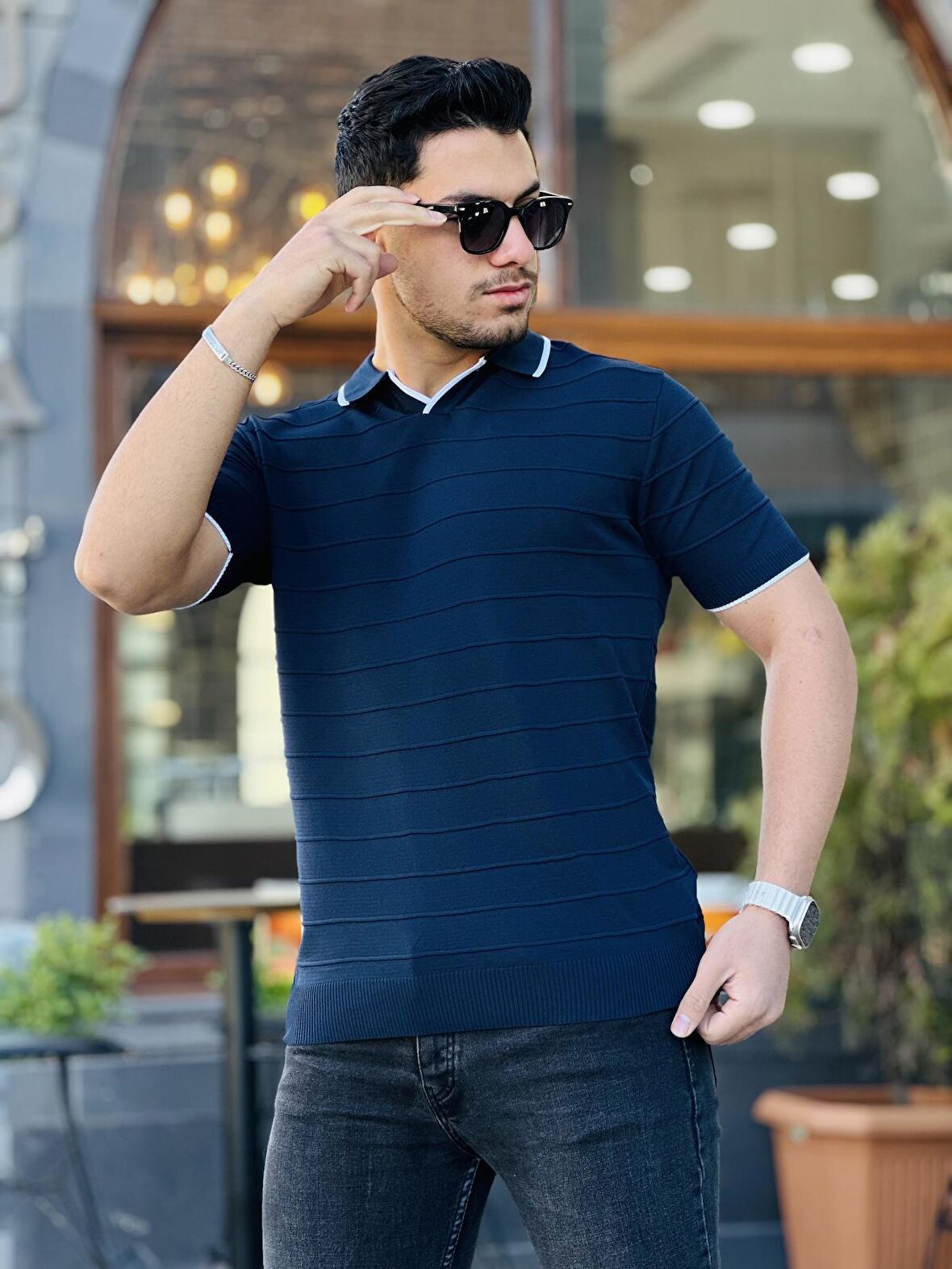 Miron Lacivert Kabartma Çizgi Polo Yaka Triko Tişört