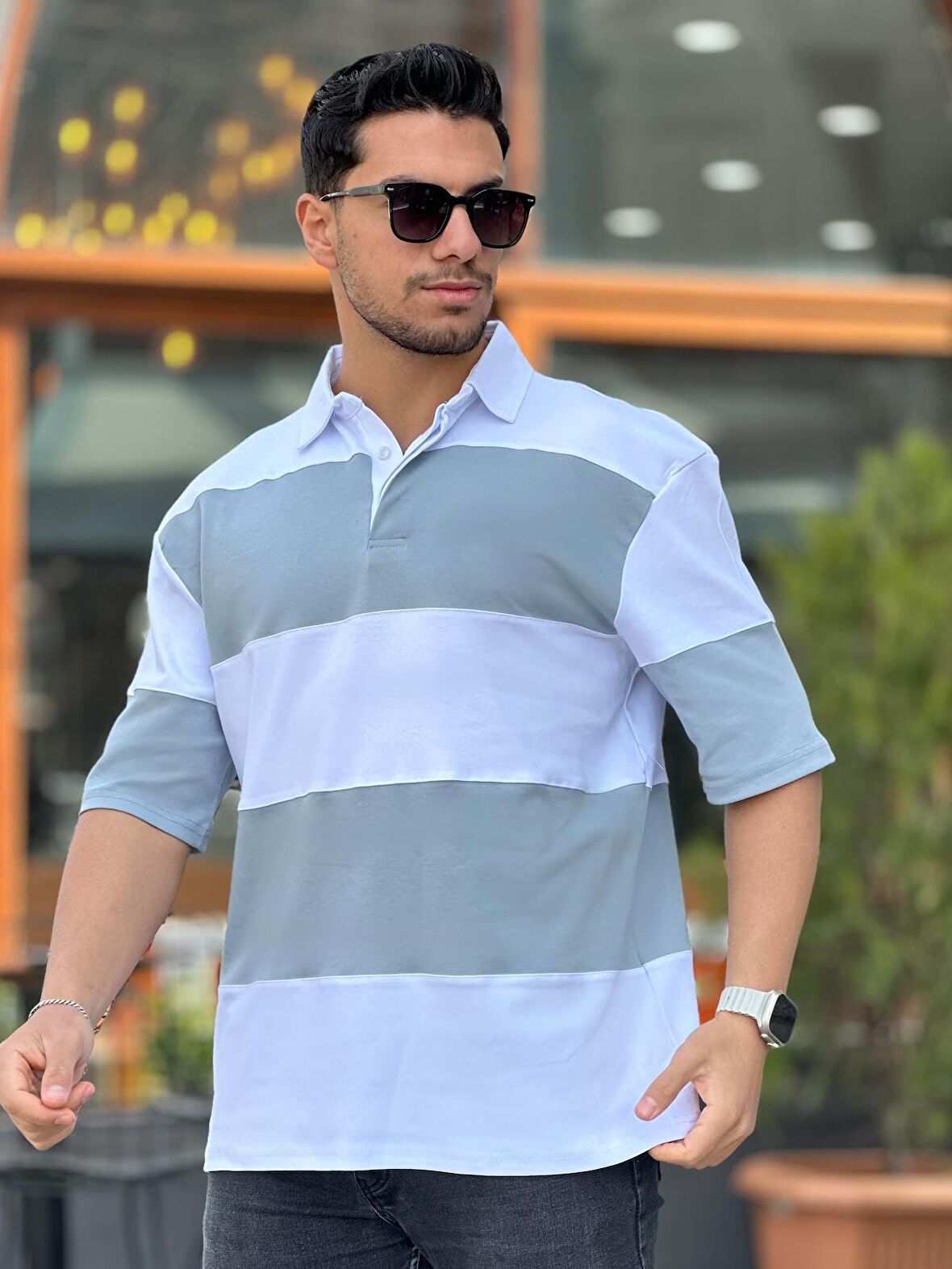 Miron Gri Beyaz Polo Yaka Blok Parçalı Oversize Tişört