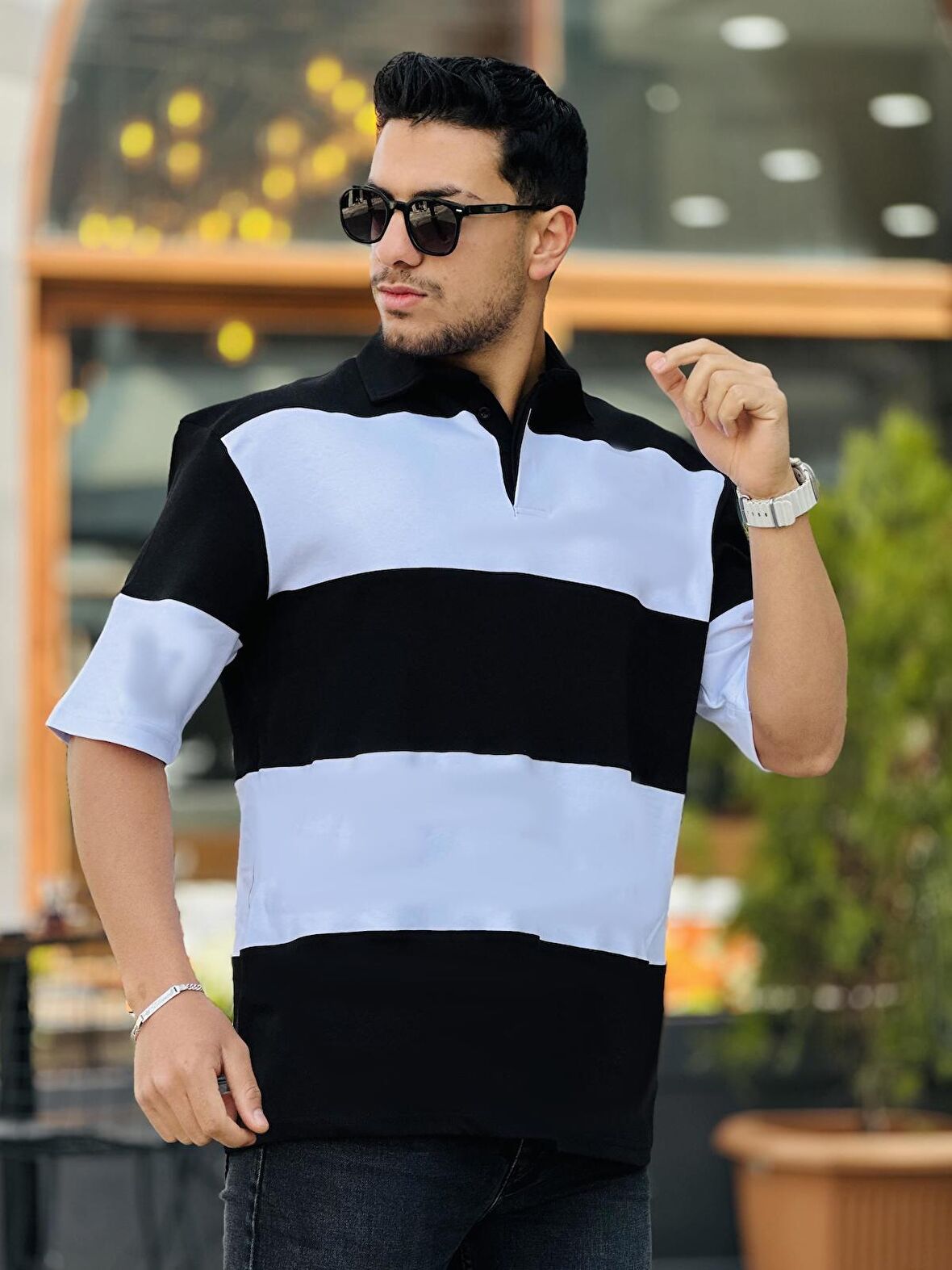 Miron Siyah Beyaz Polo Yaka Blok Parçalı Oversize Tişört