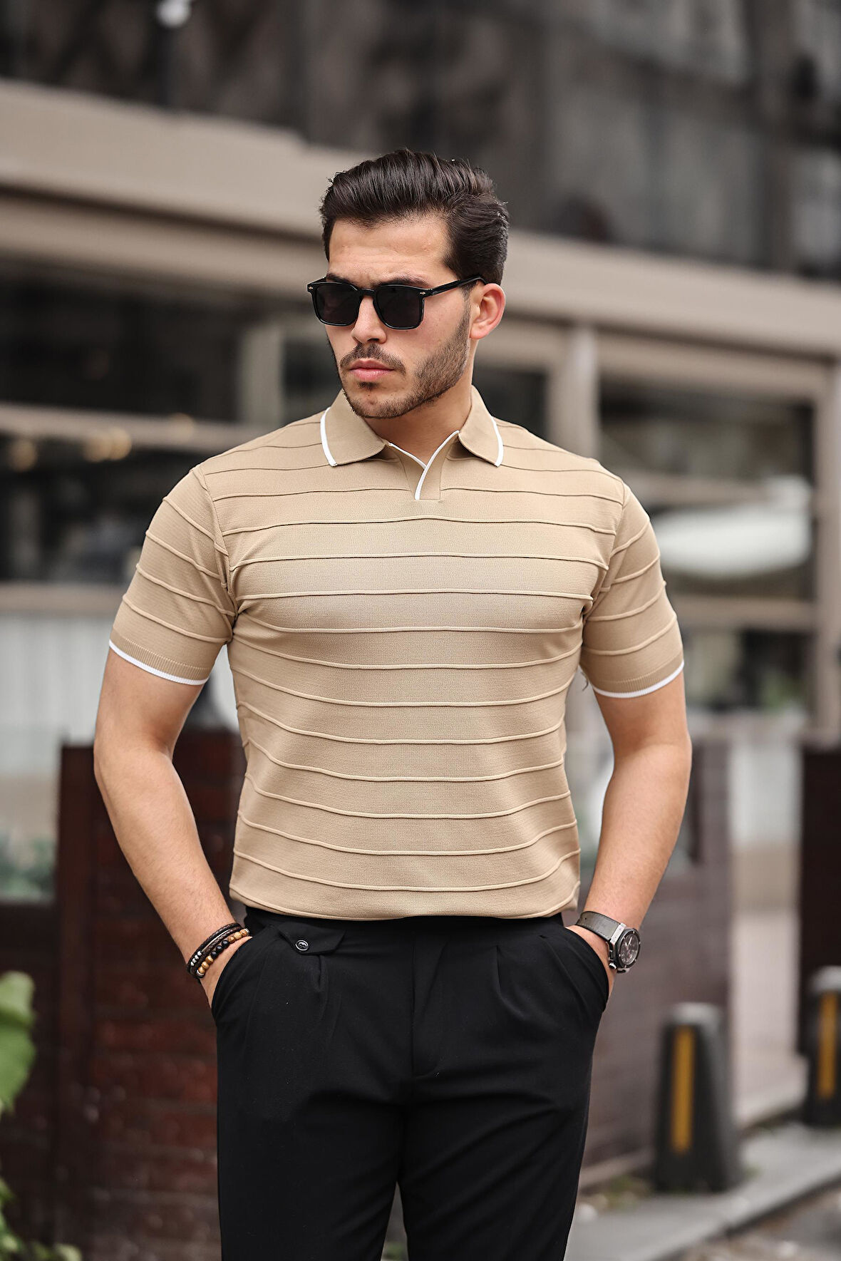 Miron Kamel Kabartma Çizgi Polo Yaka Triko Tişört- 2403