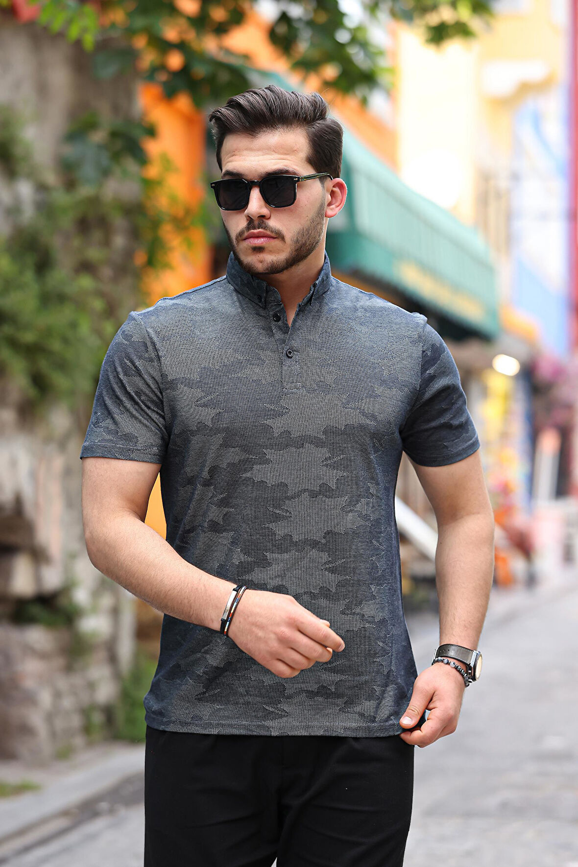 Miron Antrasit Desenli Kumaş Polo Yaka Kısa Kollu Tişört- 2414