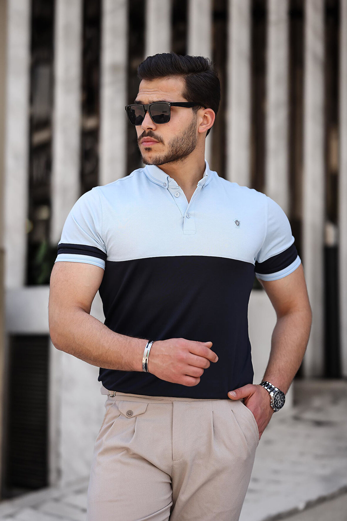 Miron Buz Mavisi Lacivert Kagi Ston Parçalı Polo Yaka Kısa Kollu Tişört- 2402