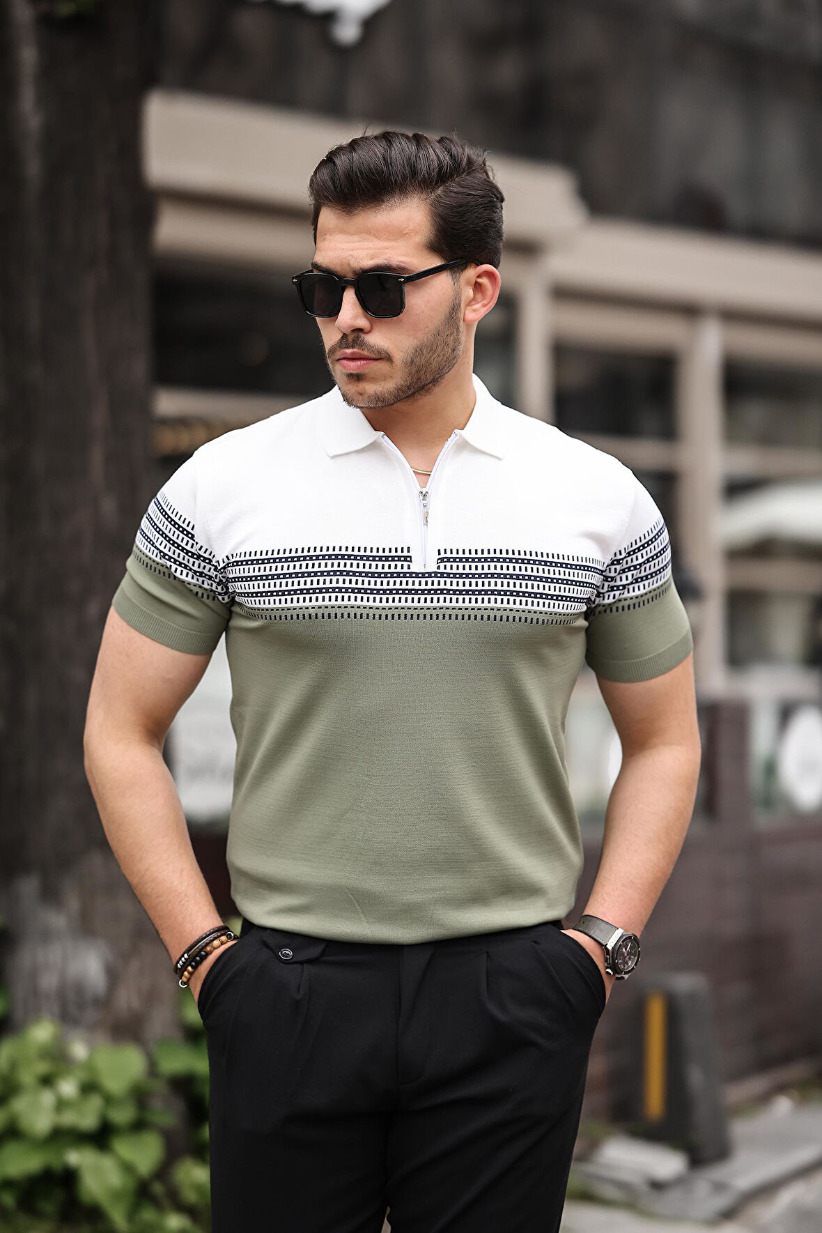 Miron Haki Beyaz Fermuarlı Triko Polo Yaka Tişört- 2419