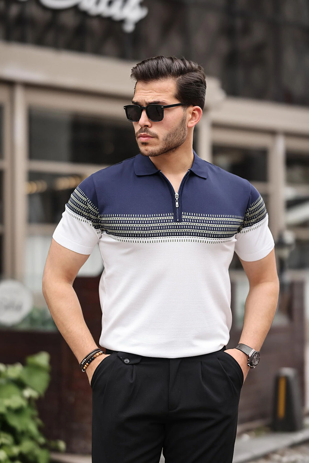 Miron Lacivert Beyaz Fermuarlı Triko Polo Yaka Tişört- 2419