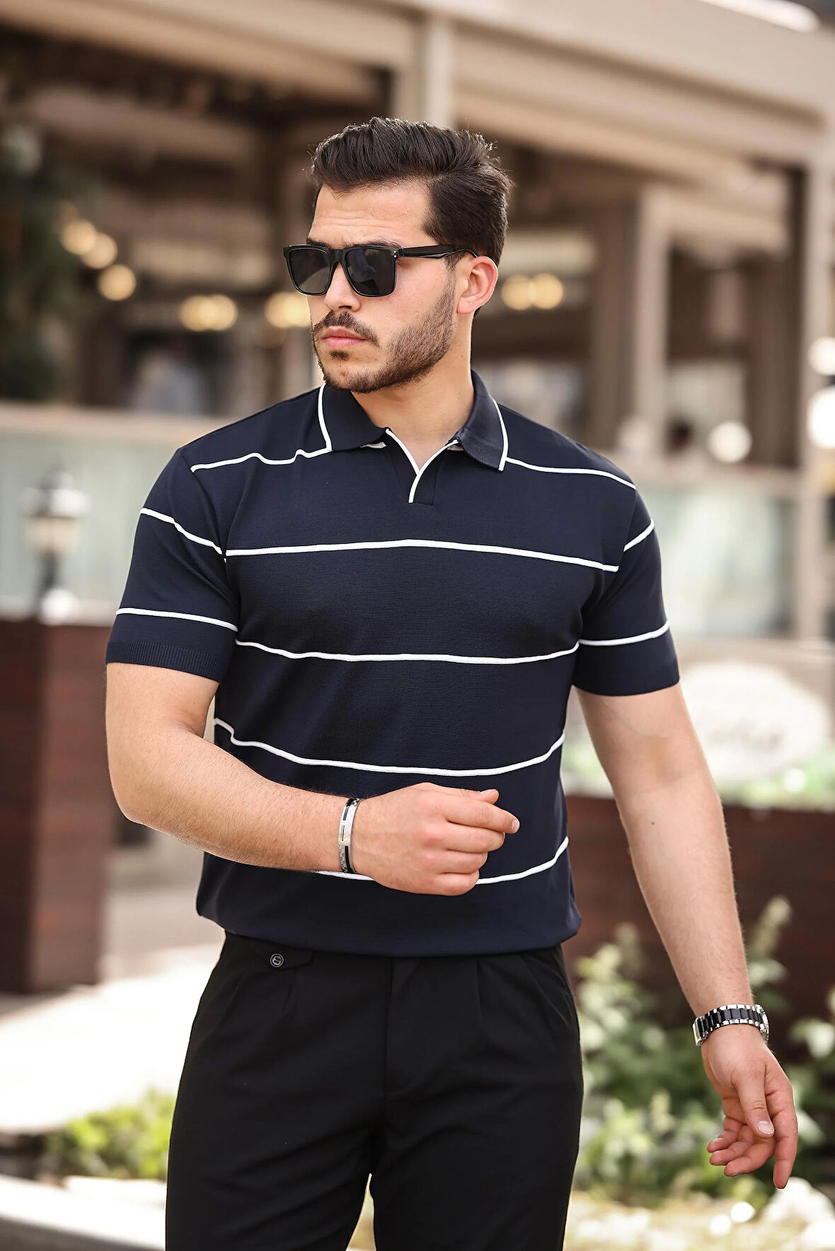 Miron Lacivert Çizgili Triko Polo Yaka Tişört- 2427