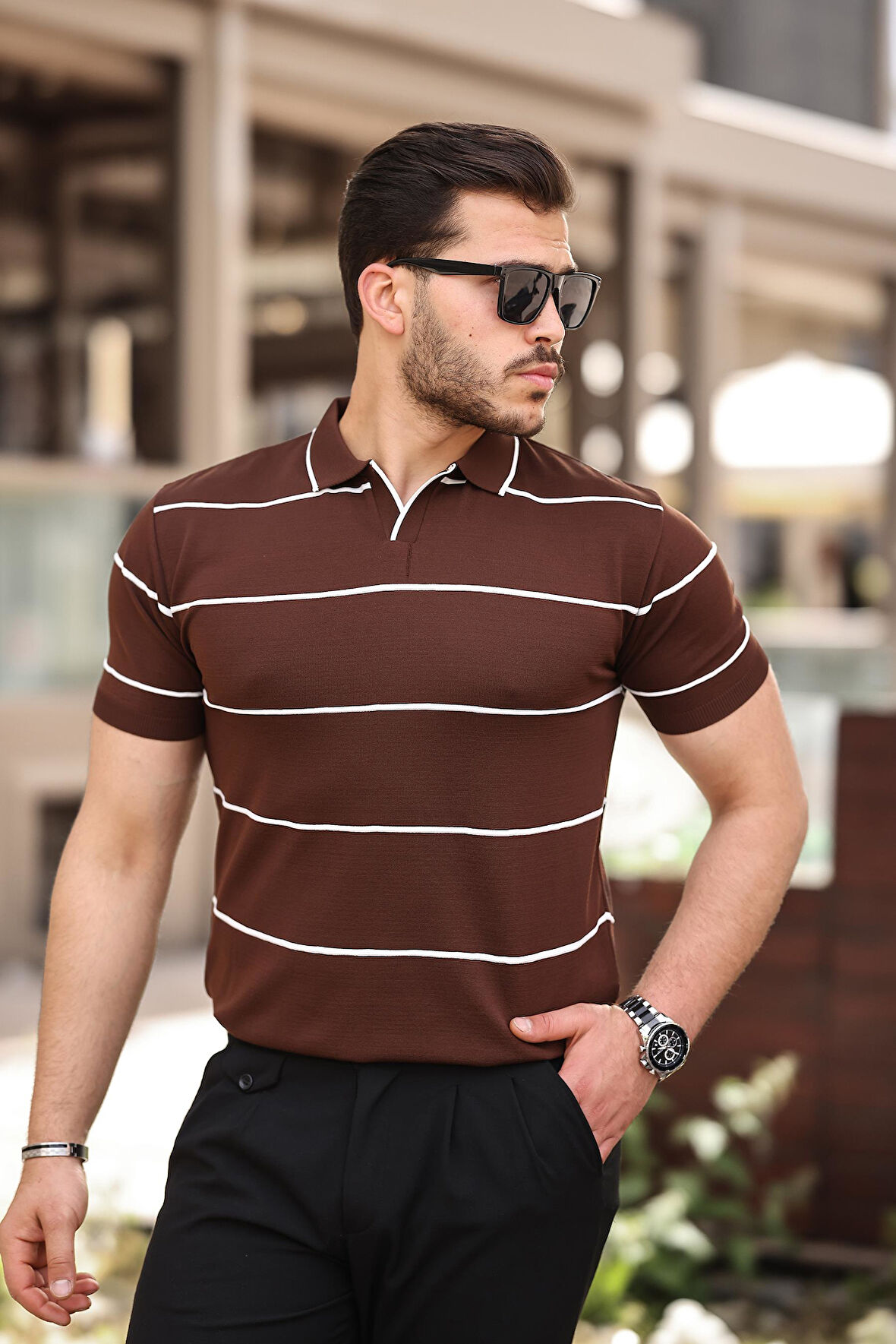Miron Kahverengi Çizgili Triko Polo Yaka Tişört- 2427
