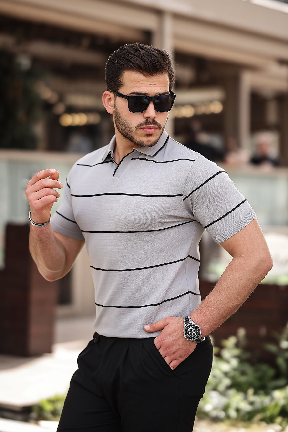 Miron Gri Çizgili Triko Polo Yaka Tişört- 2427