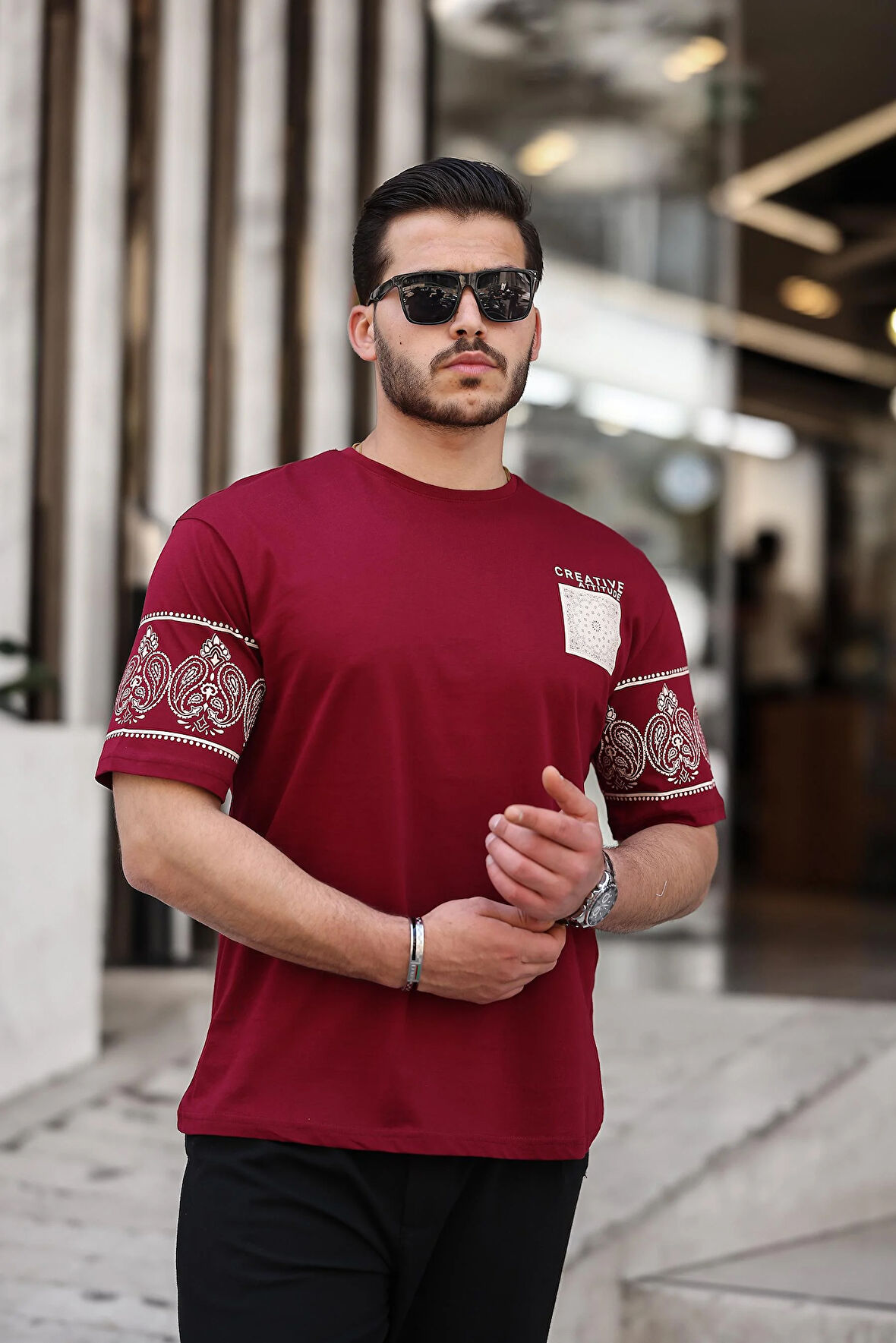 Miron Bordo Baskı Detaylı Oversize Kısa Kollu Tişört- 2428
