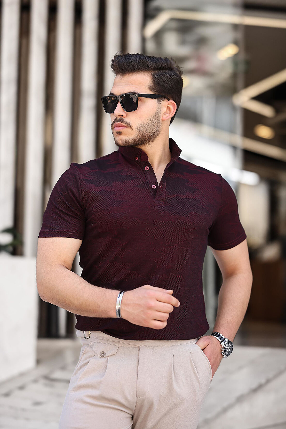 Miron Bordo Kumaş Polo Yaka Kısa Kollu Tişört- 2414