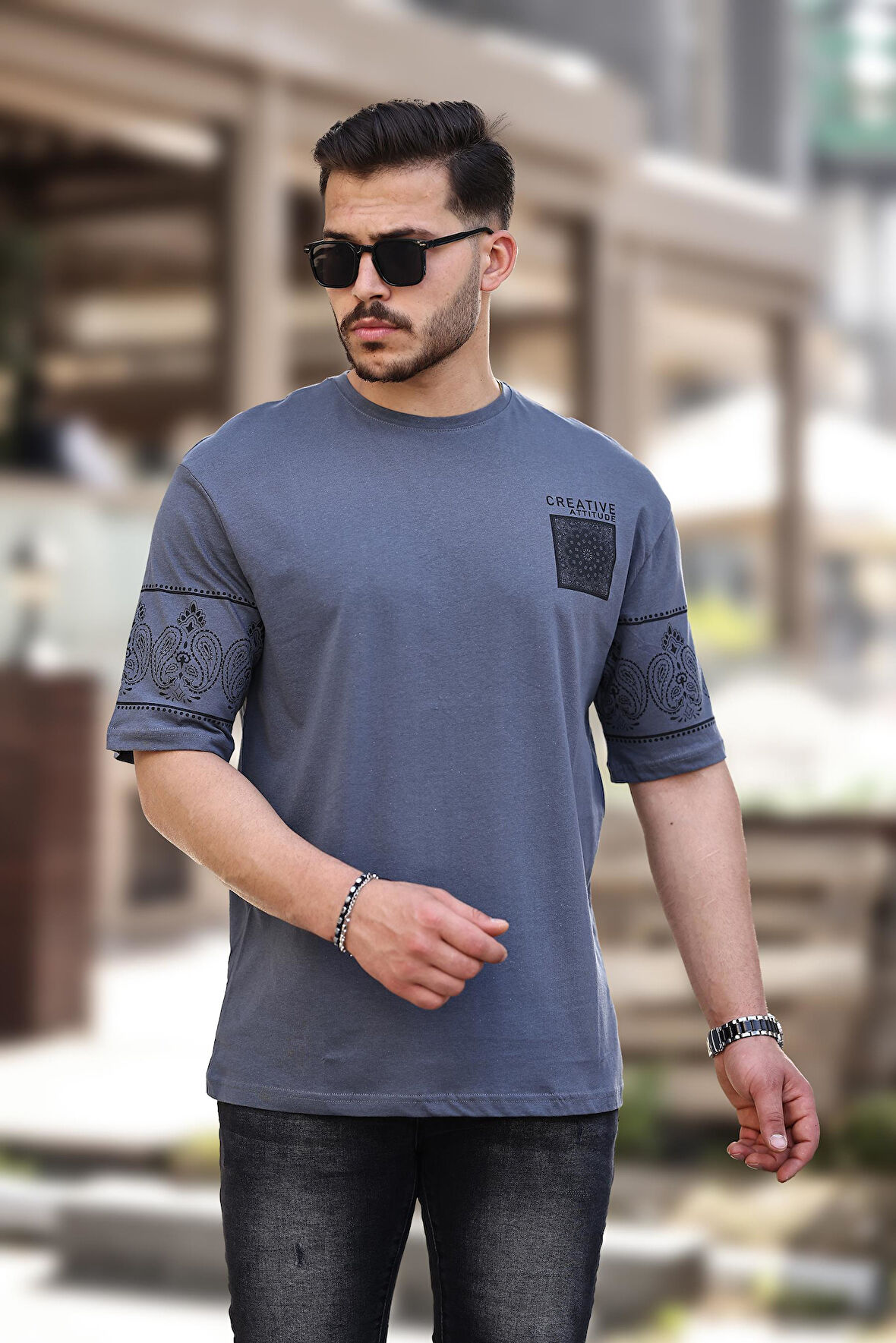 Miron Füme Baskı Detaylı Oversize Kısa Kollu Tişört- 2428