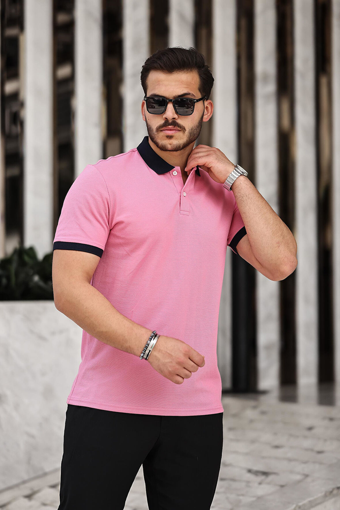 Miron Pembe Basic Pike Kumaş Polo Yaka Kısa Kollu Tişört- 2433