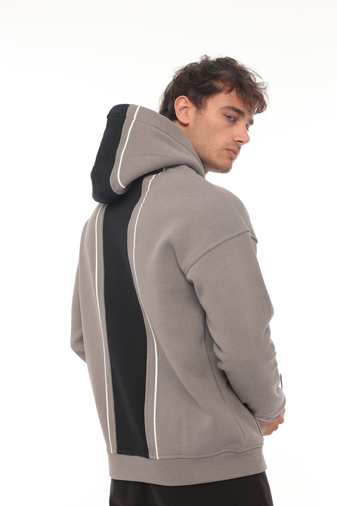Miron Füme Sırt Şeritli Kapüşonlu Üç İplik Oversize Sweatshirt-2437 