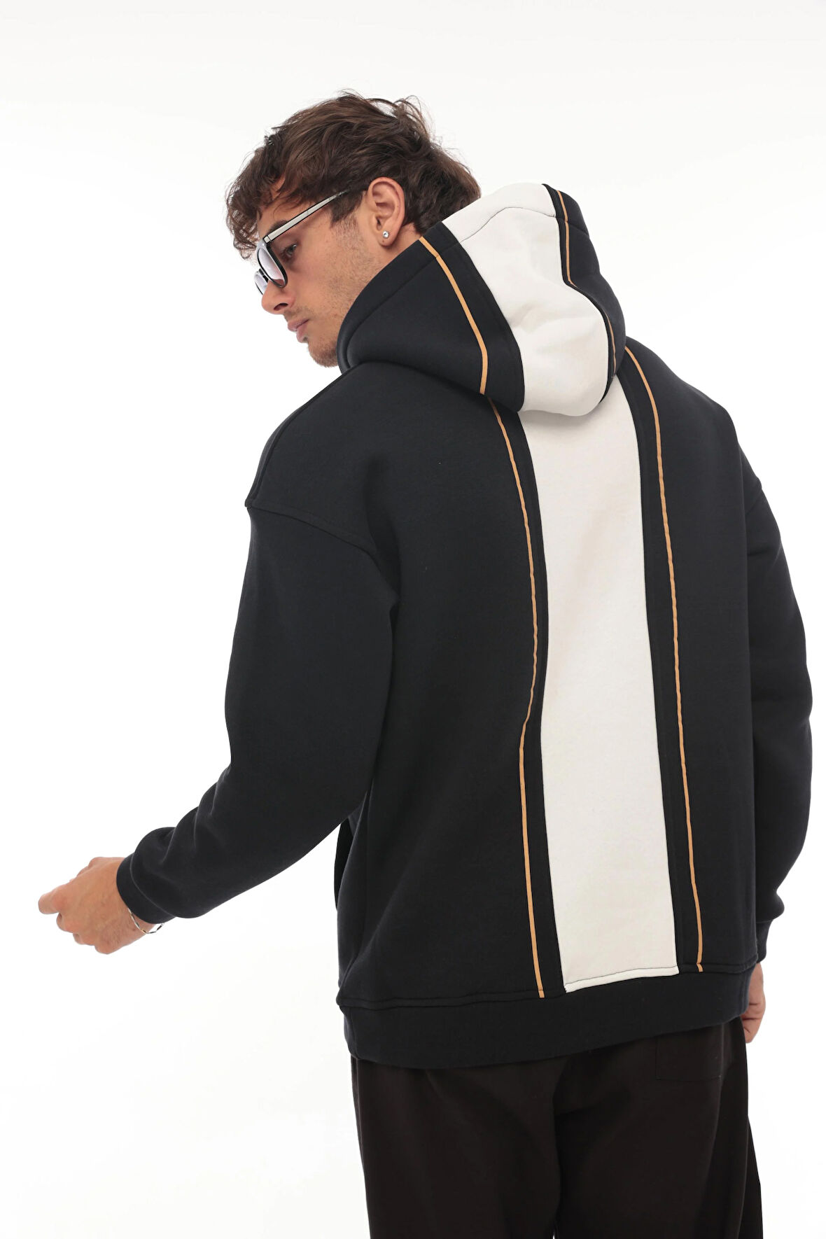 Miron Lacivert Sırt Şeritli Kapüşonlu Üç İplik Oversize Sweatshirt-2437 