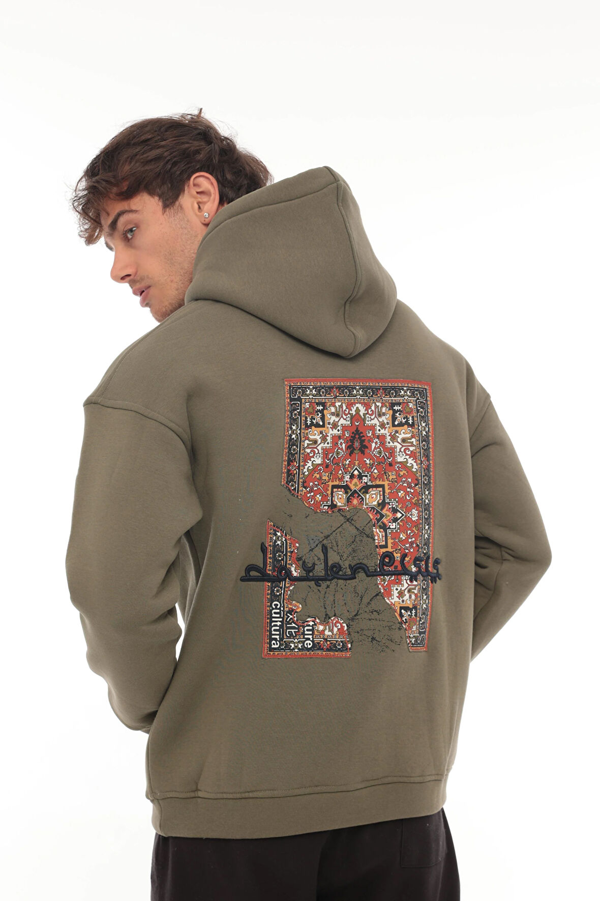 Miron Haki Sırtı Etnik Baskılı Kapüşonlu  Üç İplik Oversize Sweatshirt-2438 