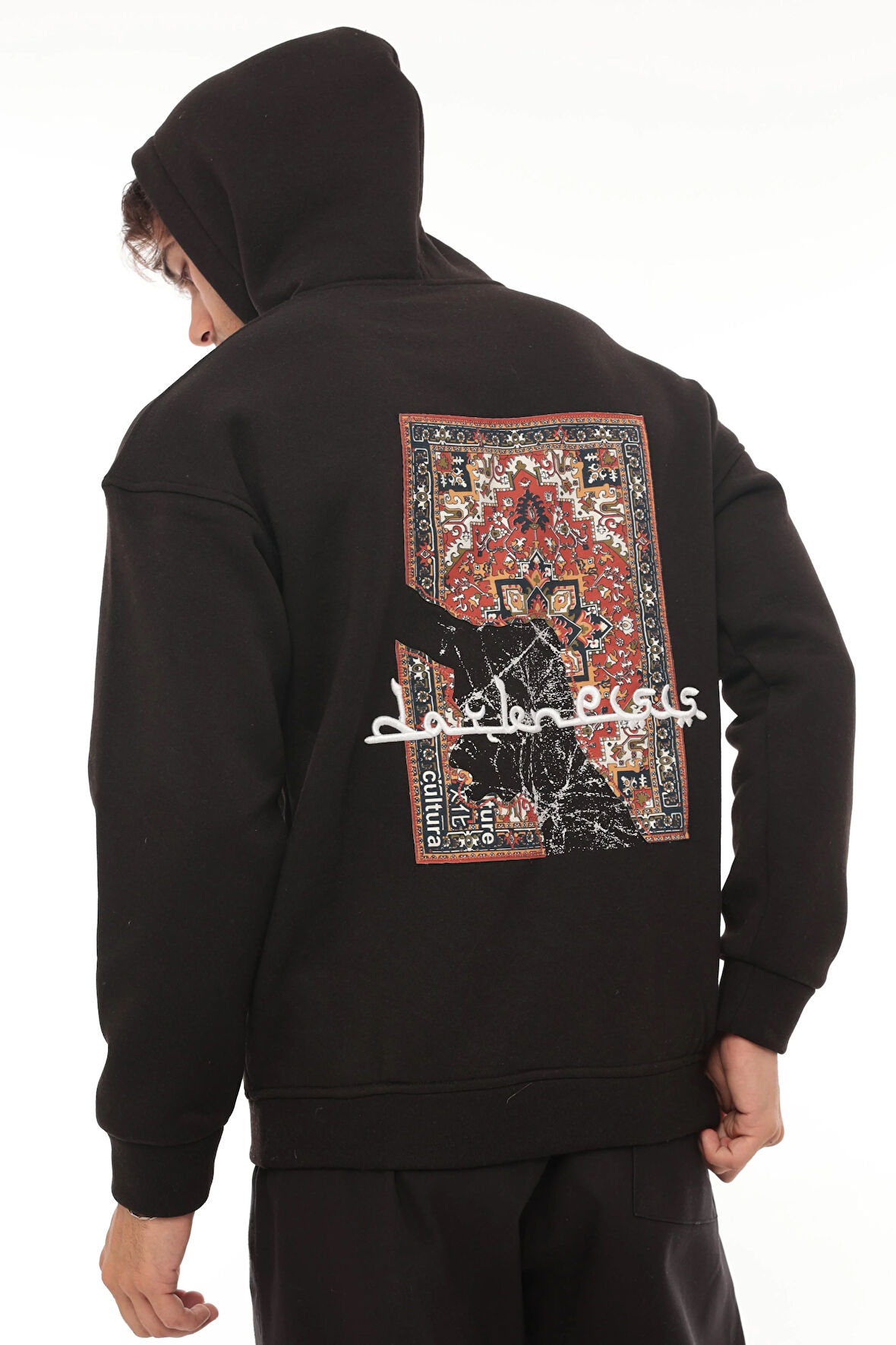 Miron Siyah Sırtı Etnik Baskılı Kapüşonlu  Üç İplik Oversize Sweatshirt-2438 