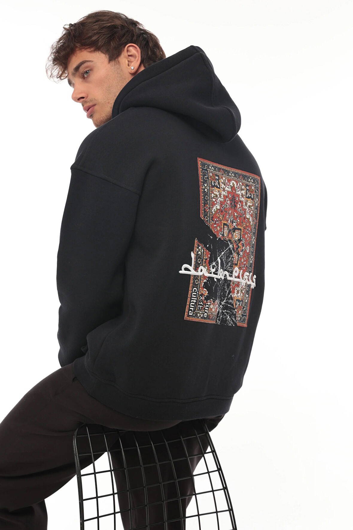 Miron Lacivert Sırtı Etnik Baskılı Kapüşonlu Üç İplik Oversize Sweatshirt-2438 