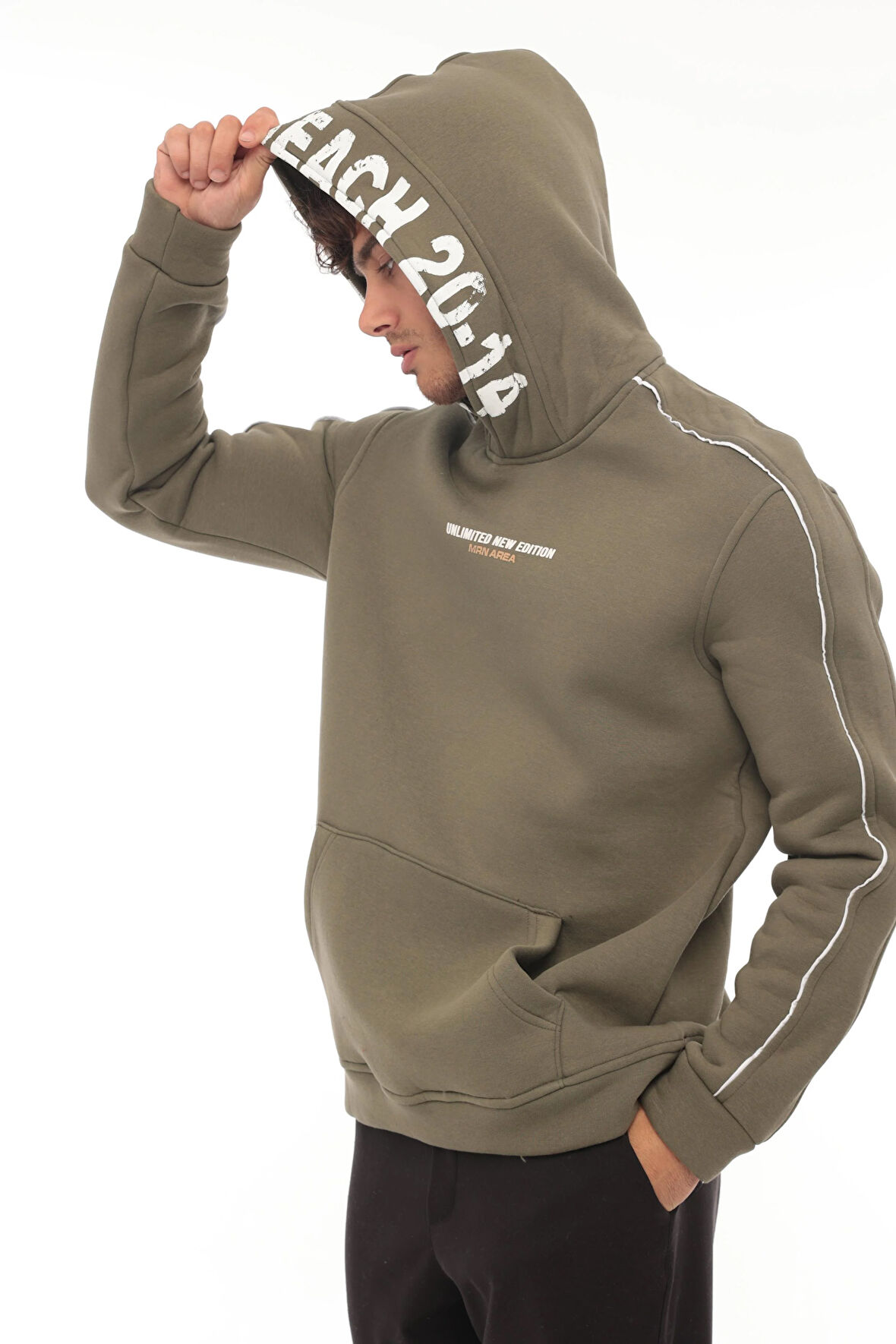Miron Haki Kapüşon Baskılı Üç İplik Oversize Sweatshirt- 2440