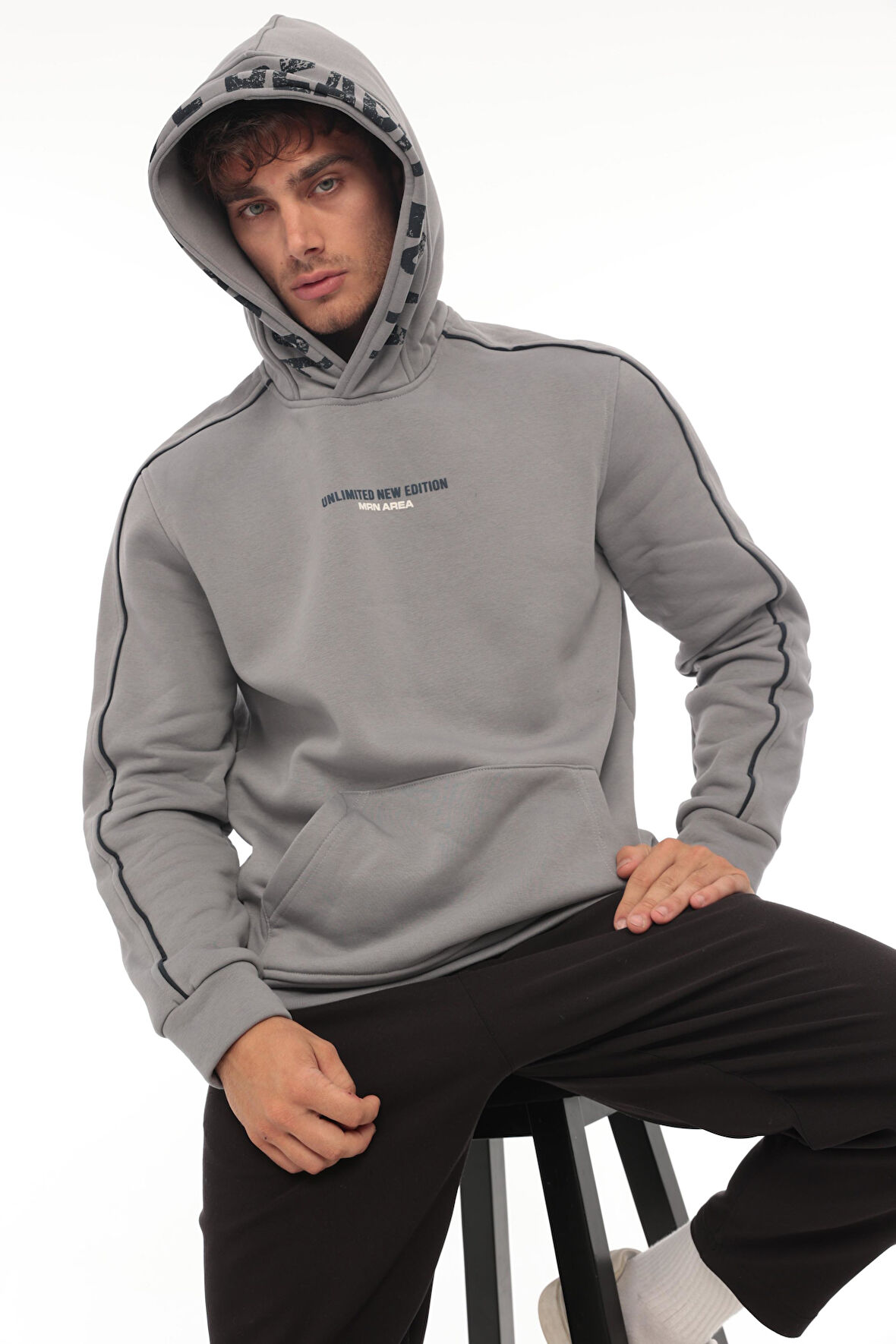 Miron Füme Kapüşon Baskılı Üç İplik Oversize Sweatshirt- 2440