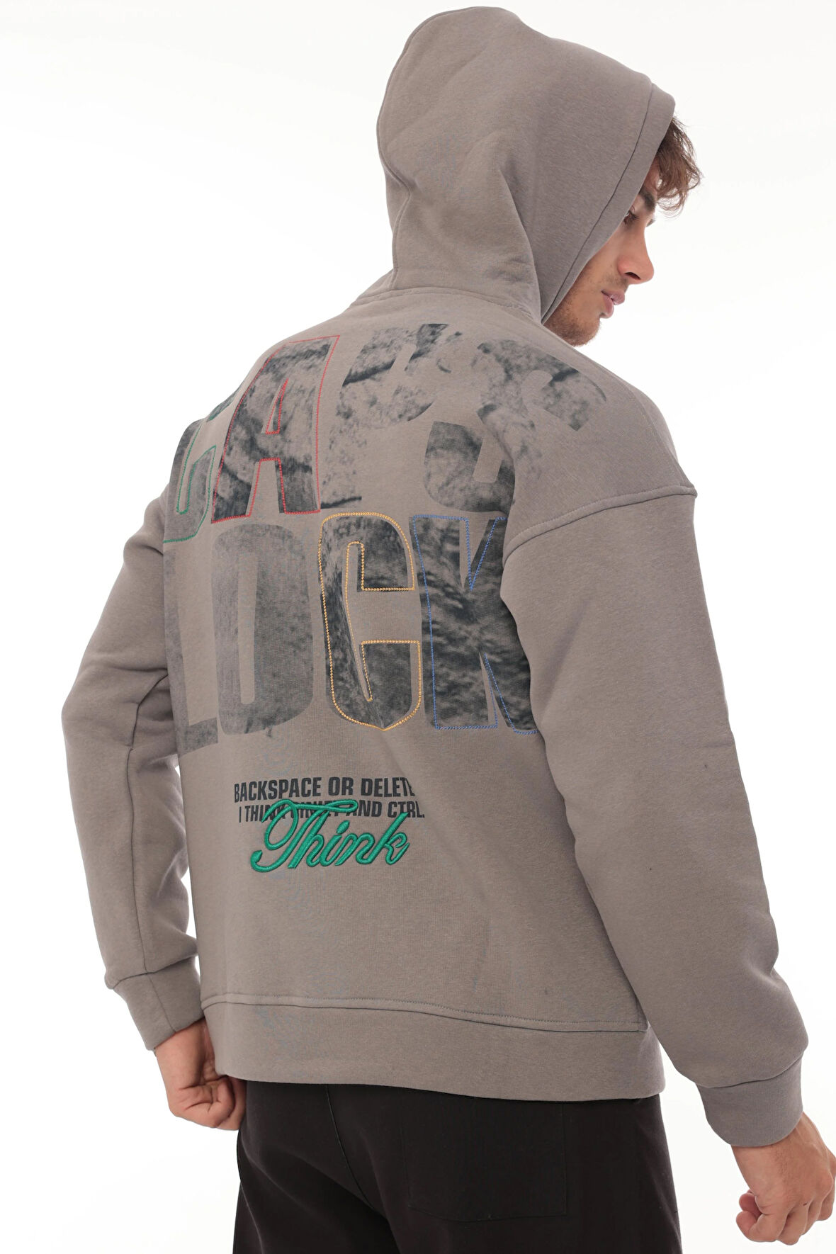 Miron Füme Sırtı Baskılı Kapüşonlu Üç İplik Oversize Sweatshirt- 2441