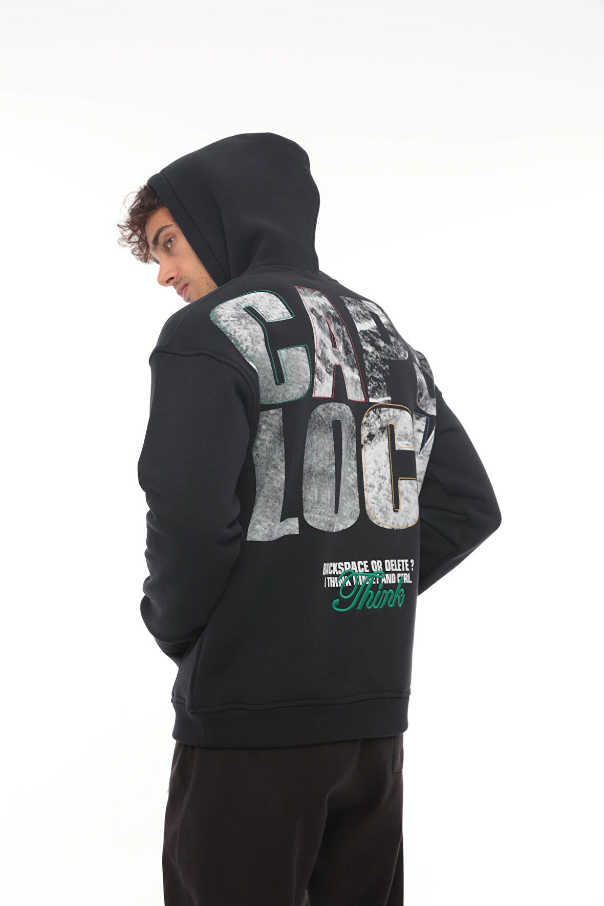 Miron Lacivert Sırtı Baskılı Kapüşonlu Üç İplik Oversize Sweatshirt- 2441