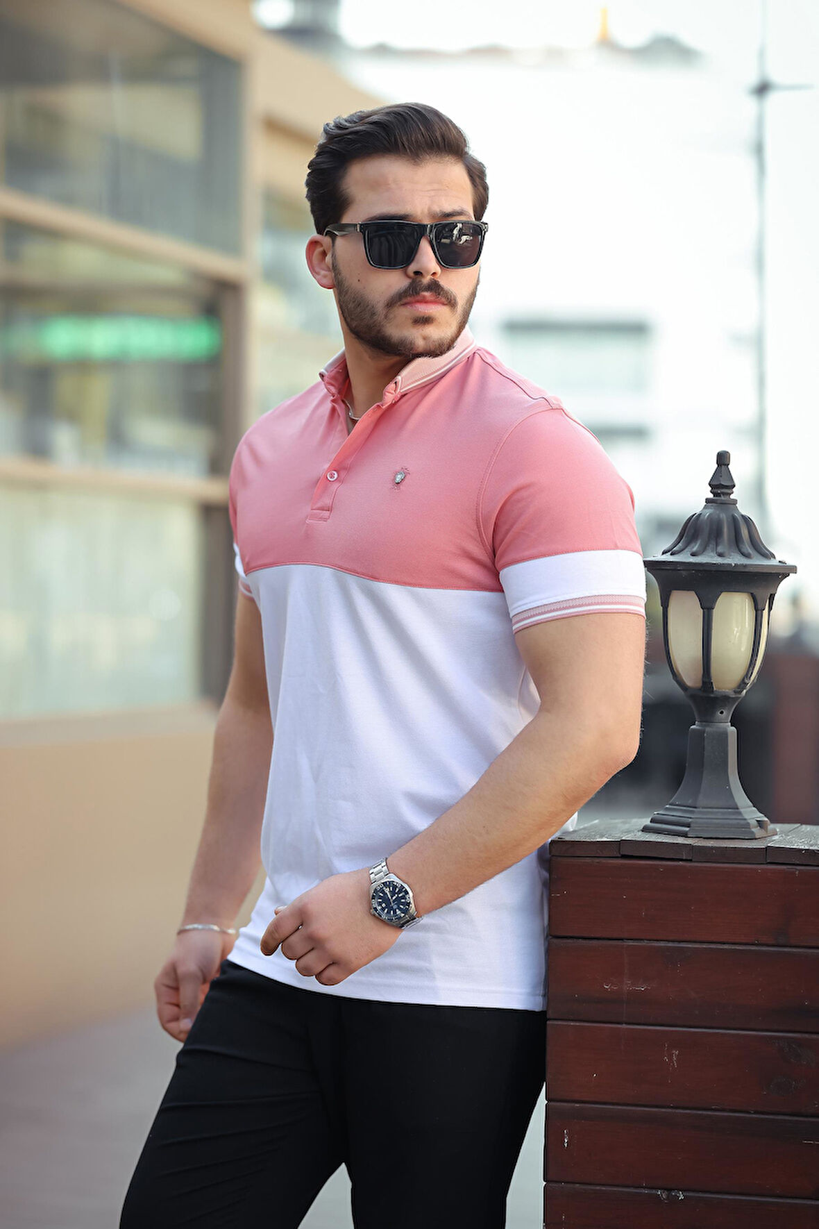Miron Pembe Beyaz Kagi Ston Parçalı Polo Yaka Kısa Kollu Tişört- 2402
