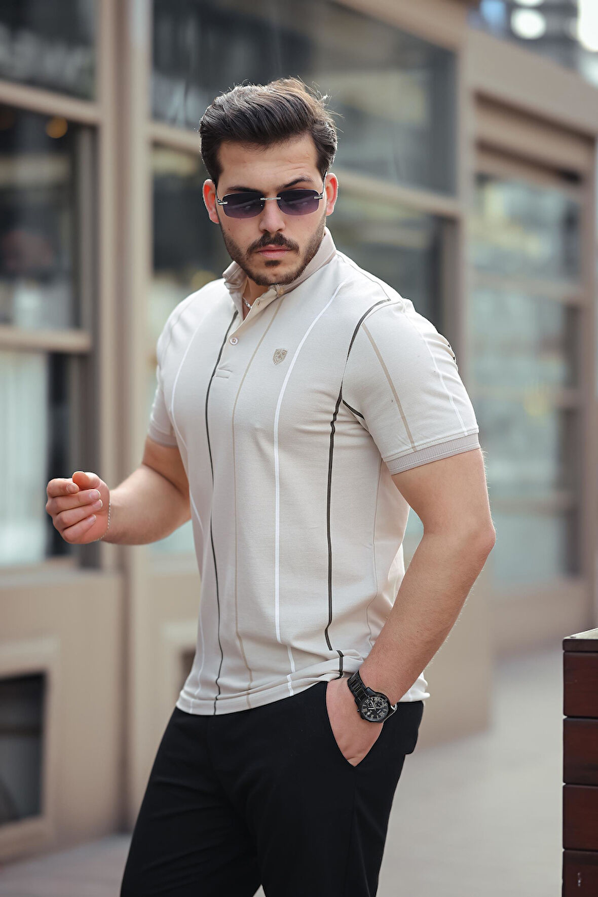 Miron Bej Dikey Çizgili Polo Yaka Kısa Kollu Tişört- 2502