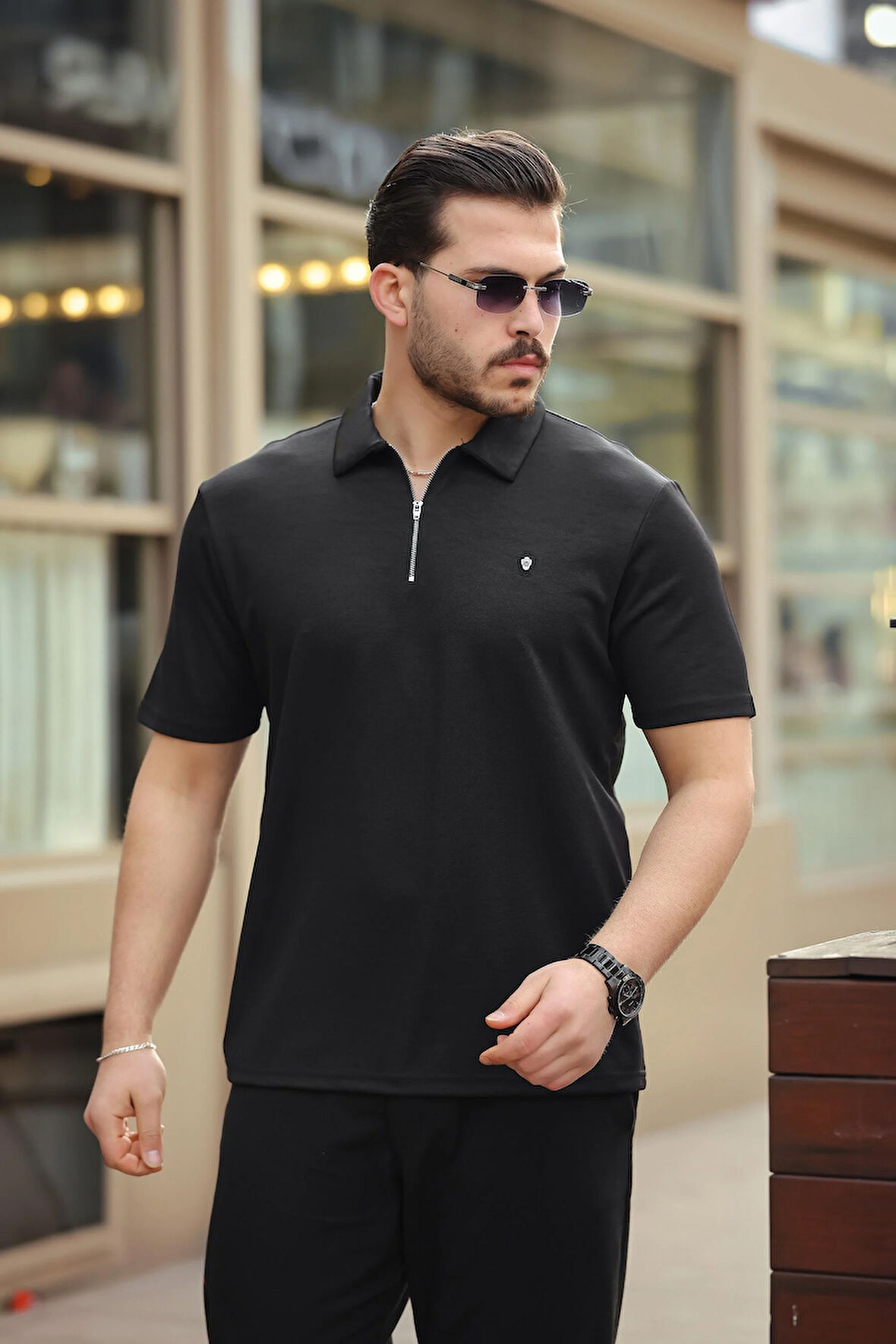 Miron Siyah Basic Fermuar Detaylı Polo Yaka Kısa Kollu Tişört 2501