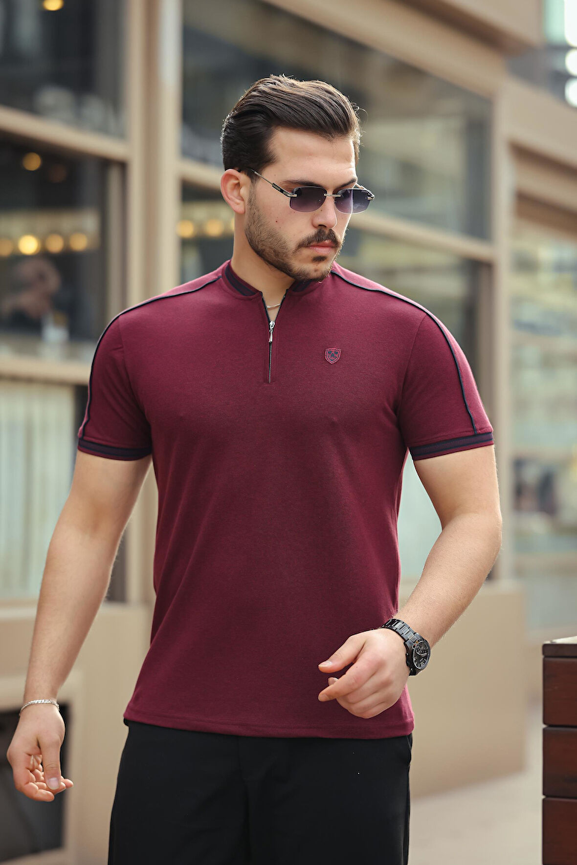 Miron Bordo Kolej Yaka Yarım Fermuarlı Kısa Kollu Tişört- 2408