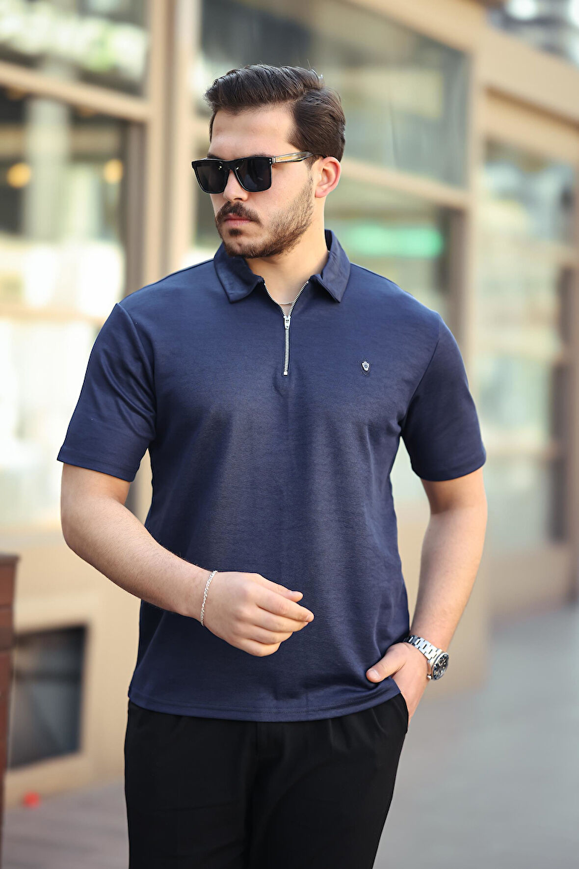 Miron Lacivert Basic Fermuar Detaylı Polo Yaka Kısa Kollu Tişört 2501