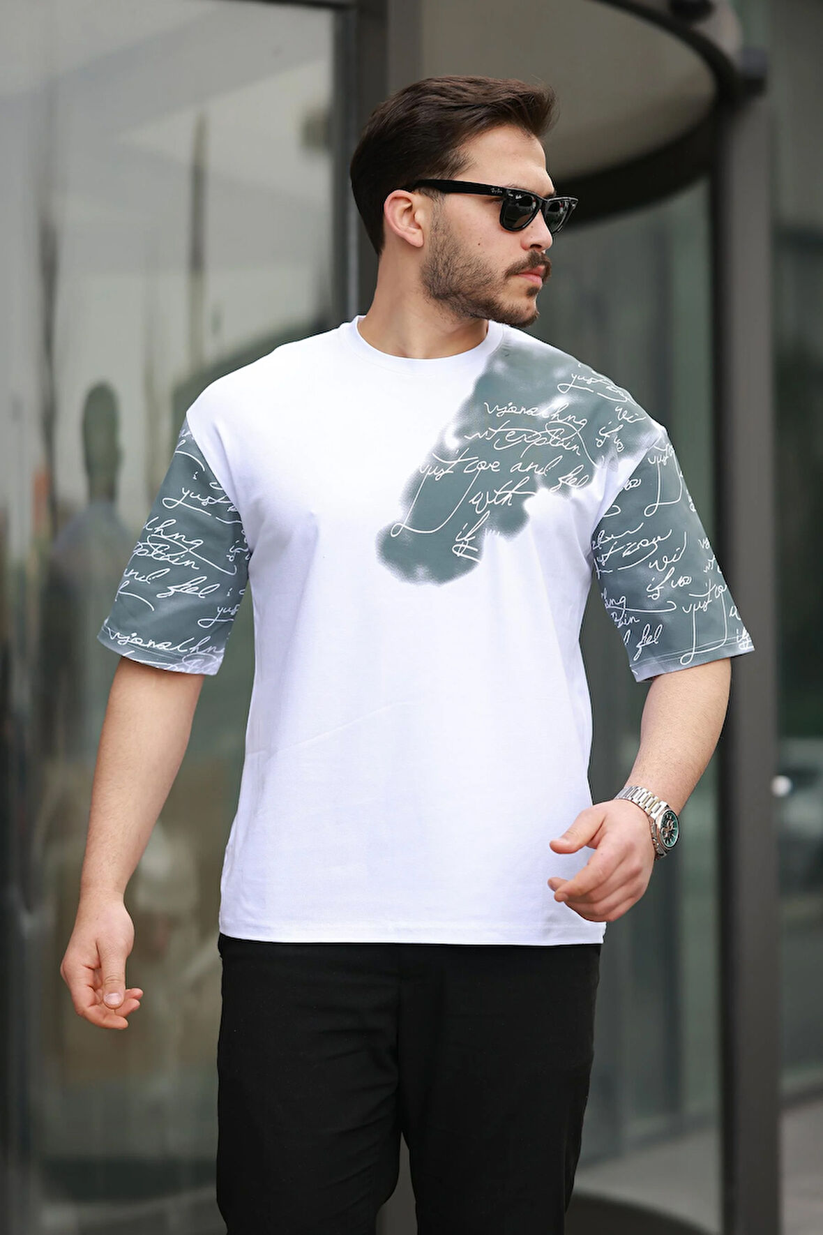 Miron Beyaz Kol Baskı Detaylı Sıfır Yaka Oversize Kısa Kollu Tişört -2506