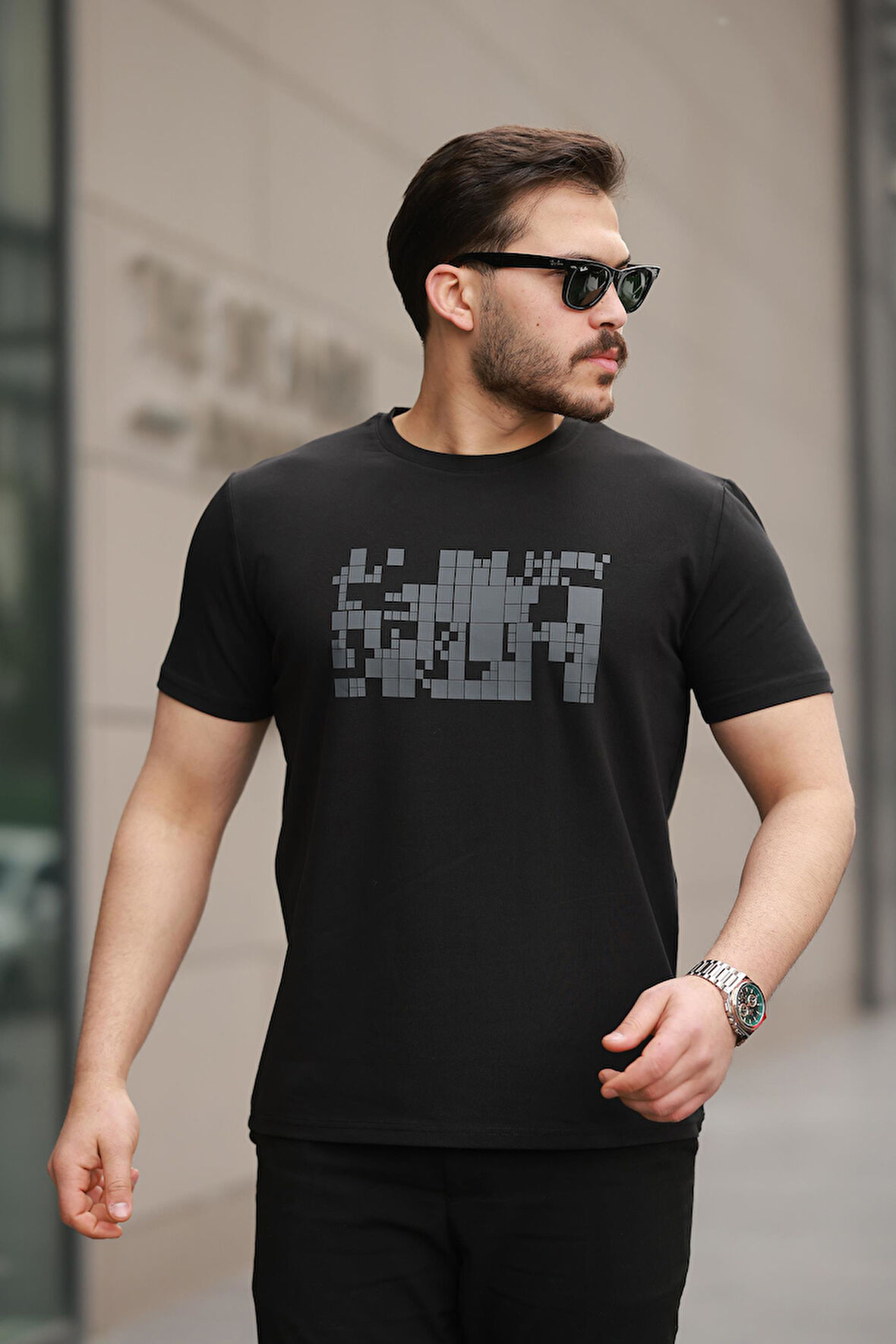 Miron Siyah Baskılı Sıfır Yaka Regular Fit Kısa Kollu Tişört -2509