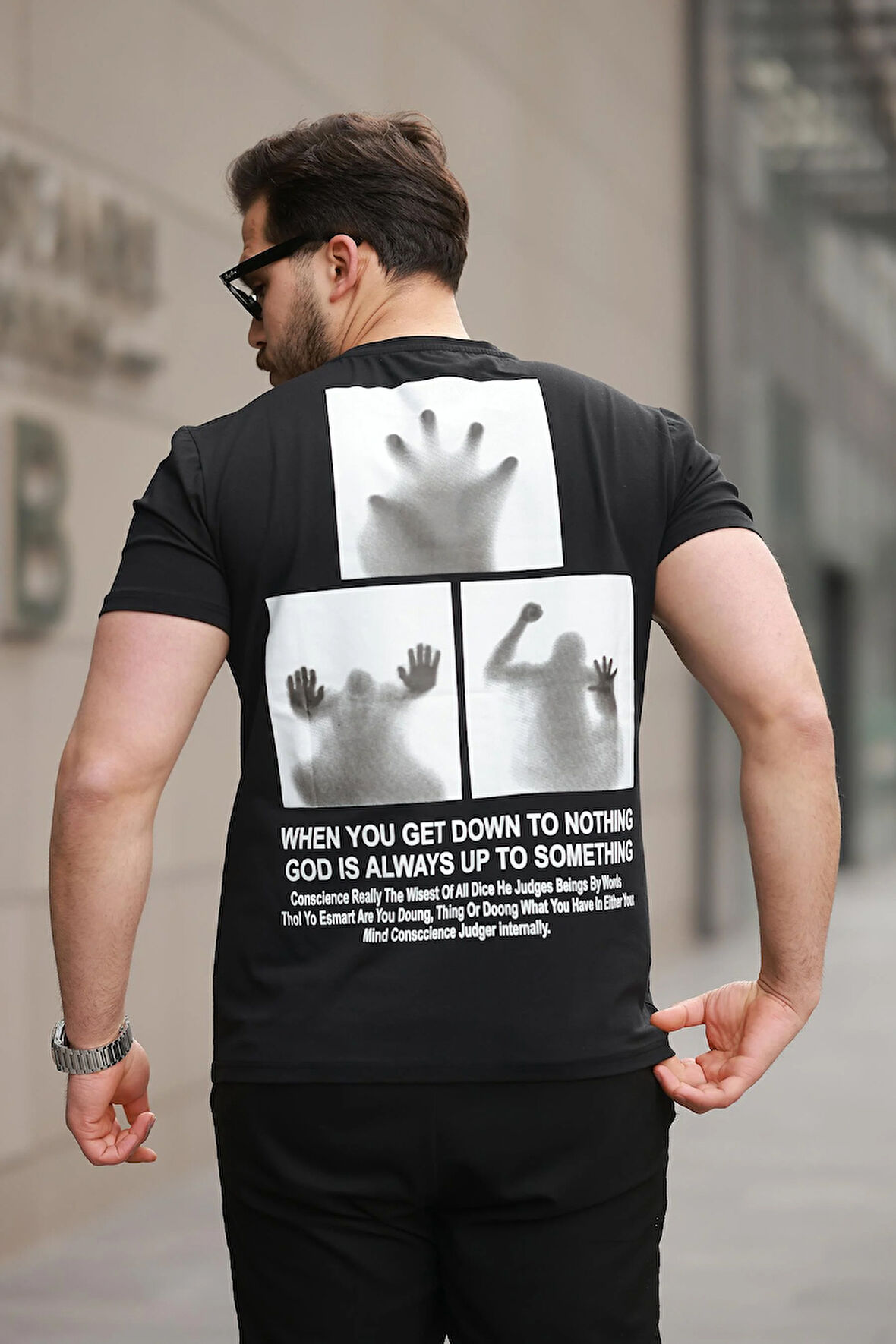 Miron Siyah Sırtı Baskı Detaylı Sıfır Yaka Oversize Kısa Kollu Tişört -2507