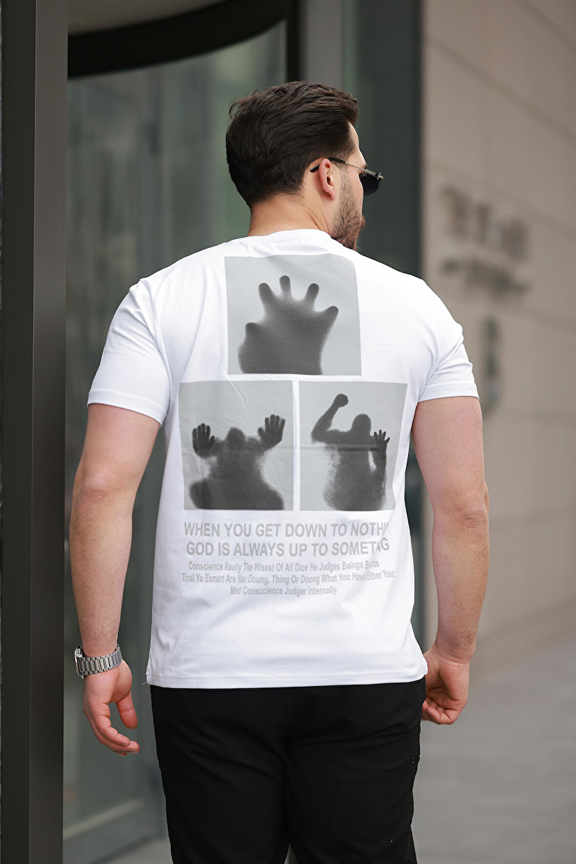 Miron Beyaz Sırtı Baskı Detaylı Sıfır Yaka Oversize Kısa Kollu Tişört -2507