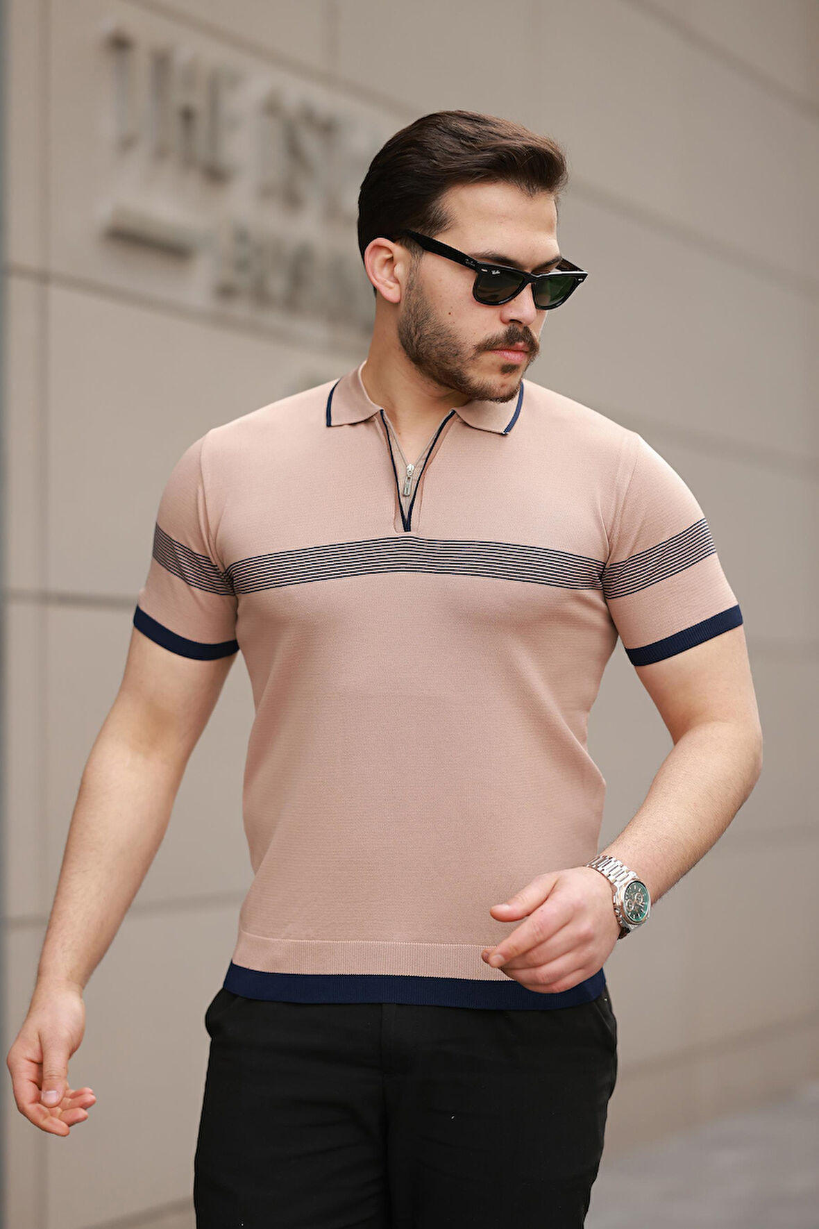 Miron Kamel Çizgili ve Fermuar Detalı Polo Yaka Triko Kısa Kollu Tişört 2512 