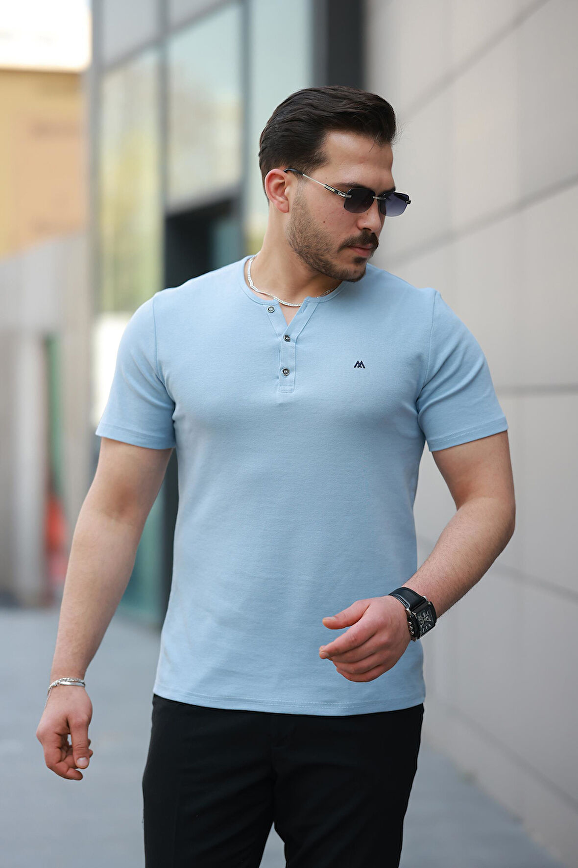 Miron Buz Mavisi Önü Düğmeli Sıfır Yaka Kısa Kollu Regular Fit Tişört- 2510