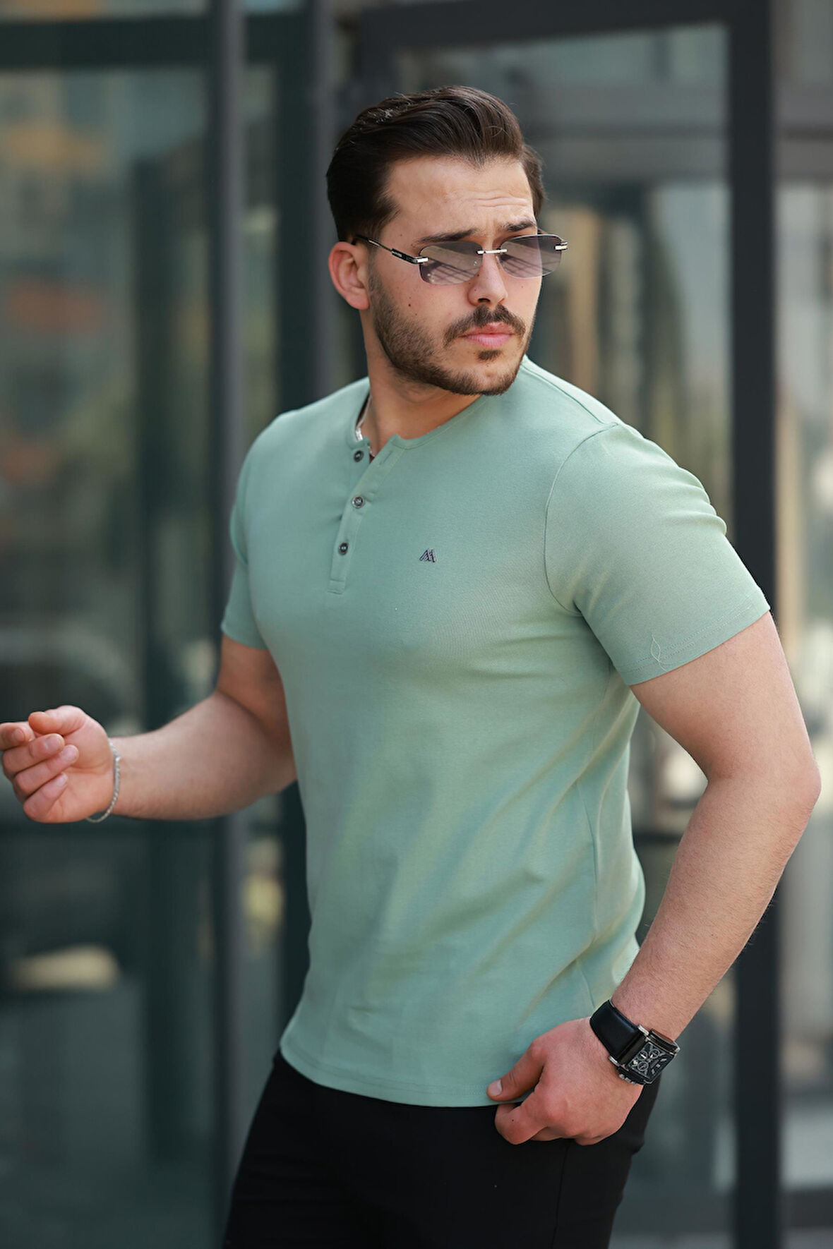 Miron Su Yeşili Önü Düğmeli Sıfır Yaka Kısa Kollu Regular Fit Tişört- 2510