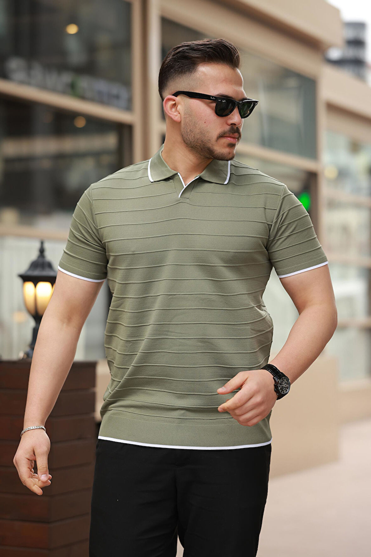 Miron Haki Kabartma Çizgi Polo Yaka Triko Tişört- 2403