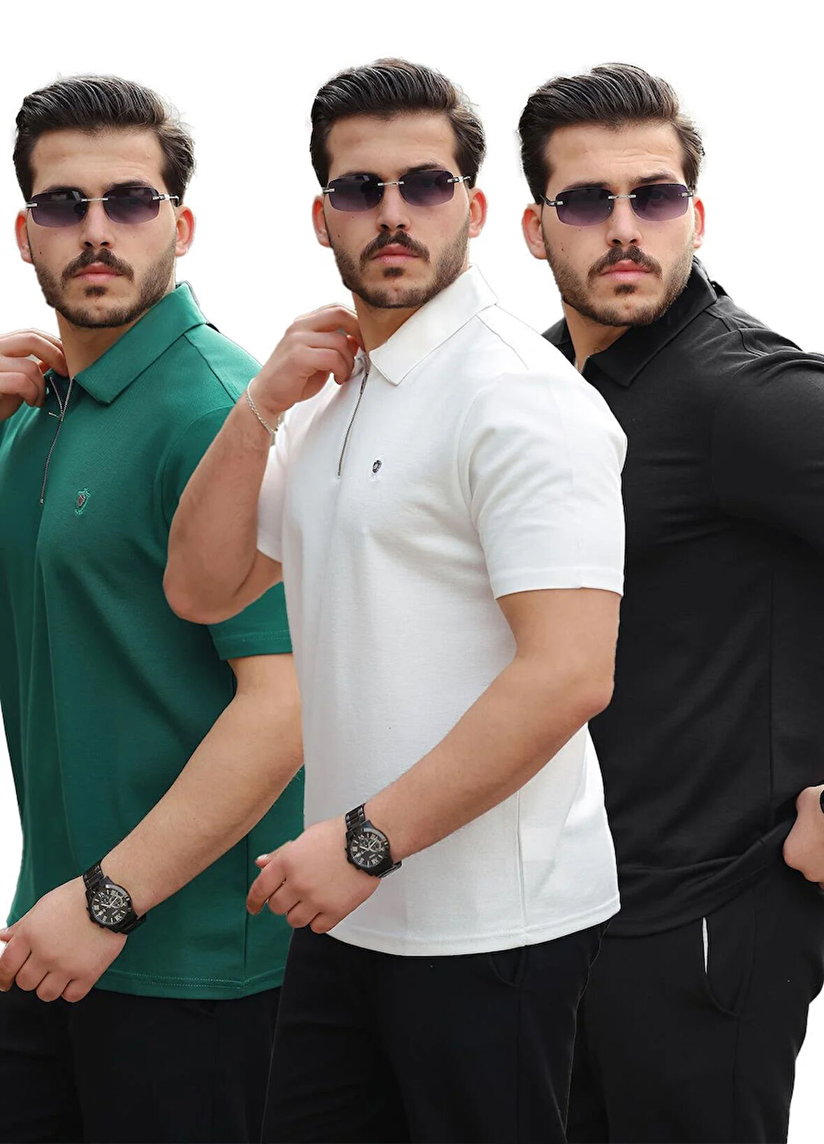 Miron Nefti Beyaz Siyah Basic Fermuar Detaylı Üçlü Paket Polo Yaka Kısa Kollu Tişört 2516