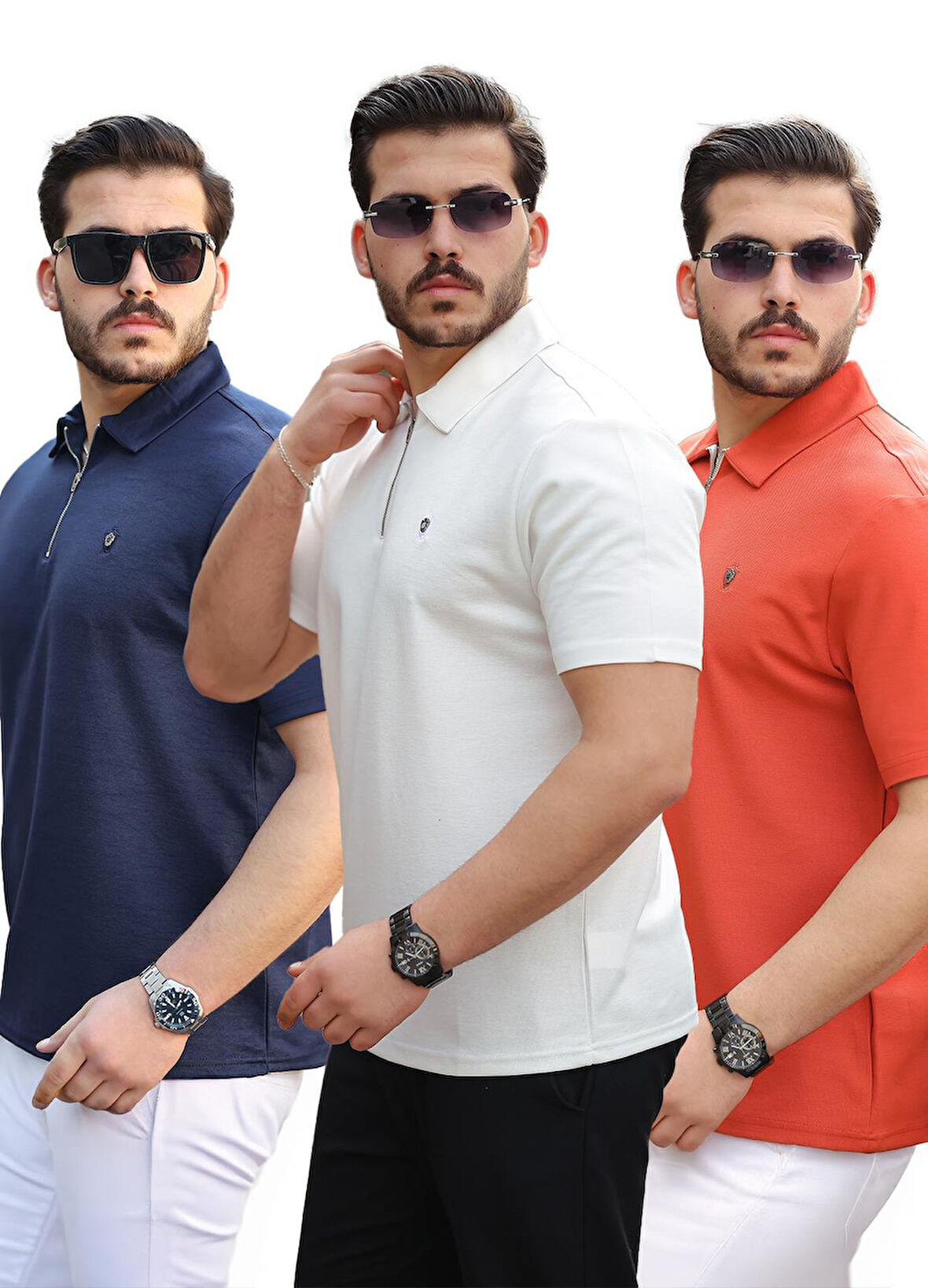Miron Lacivert Beyaz Kiremit Basic Fermuar Detaylı Üçlü Paket Polo Yaka Kısa Kollu Tişört 2516