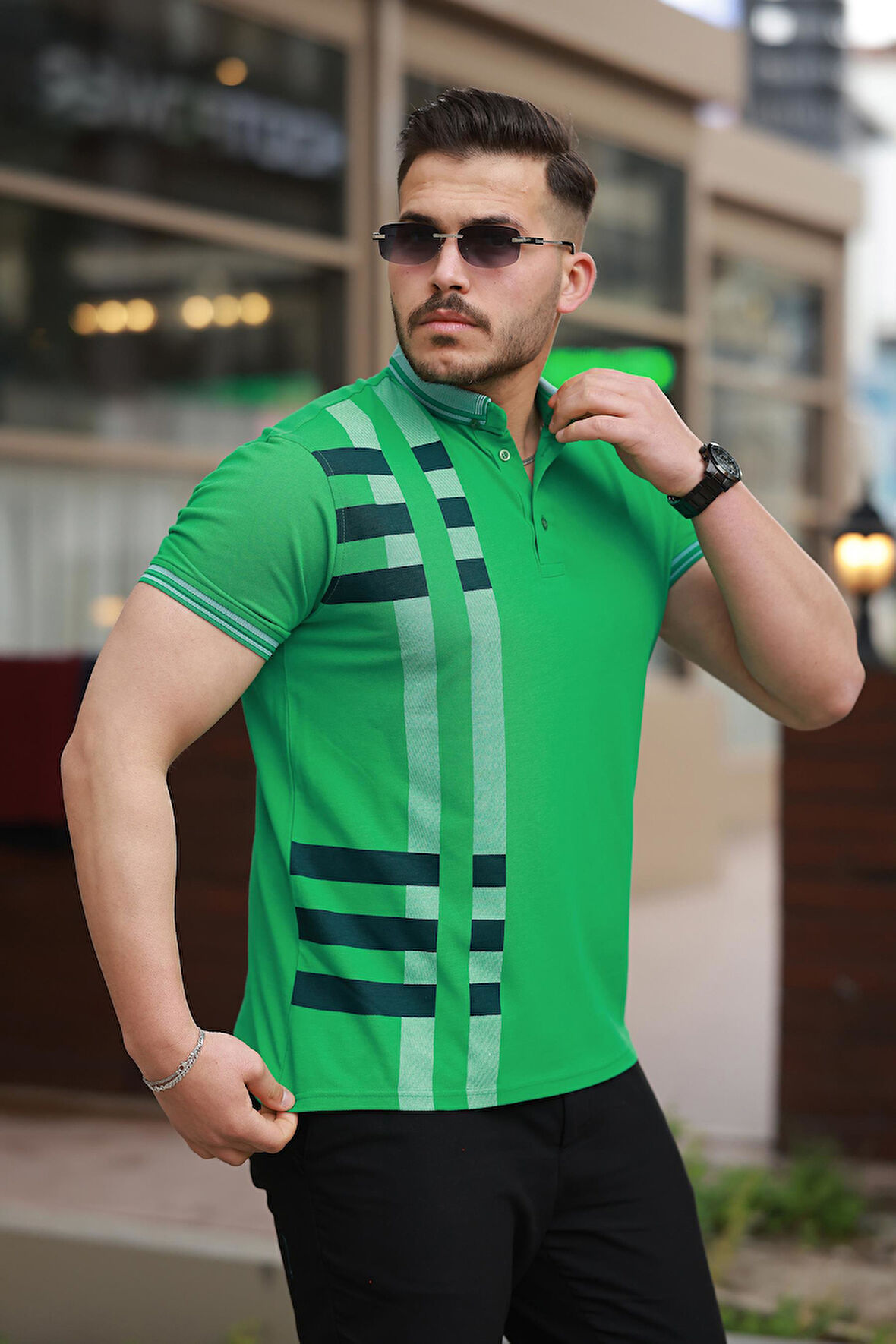 Miron Yeşil Baskı Detaylı Polo Yaka Kısa Kollu Tişört -2519