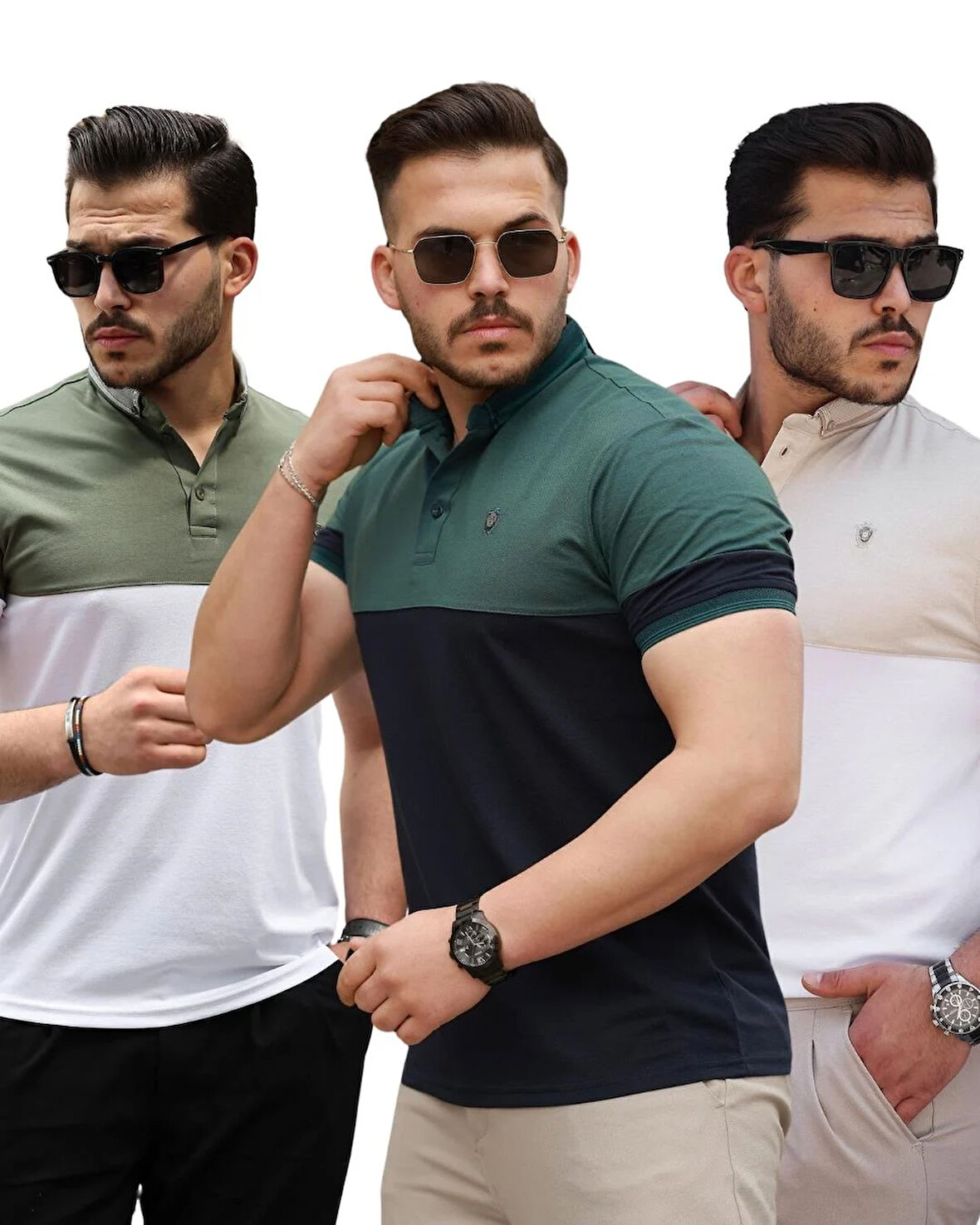 Miron Nefti Bej Haki Ston Parçalı Üçlü Paket  Polo Yaka Kısa Kollu Tişört- 2521