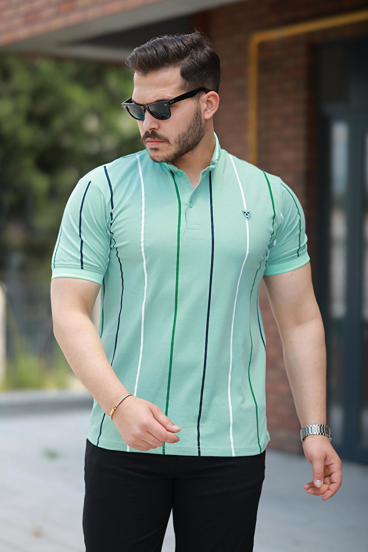Miron Su Yeşili Dikey Çizgili Polo Yaka Kısa Kollu Tişört- 2502