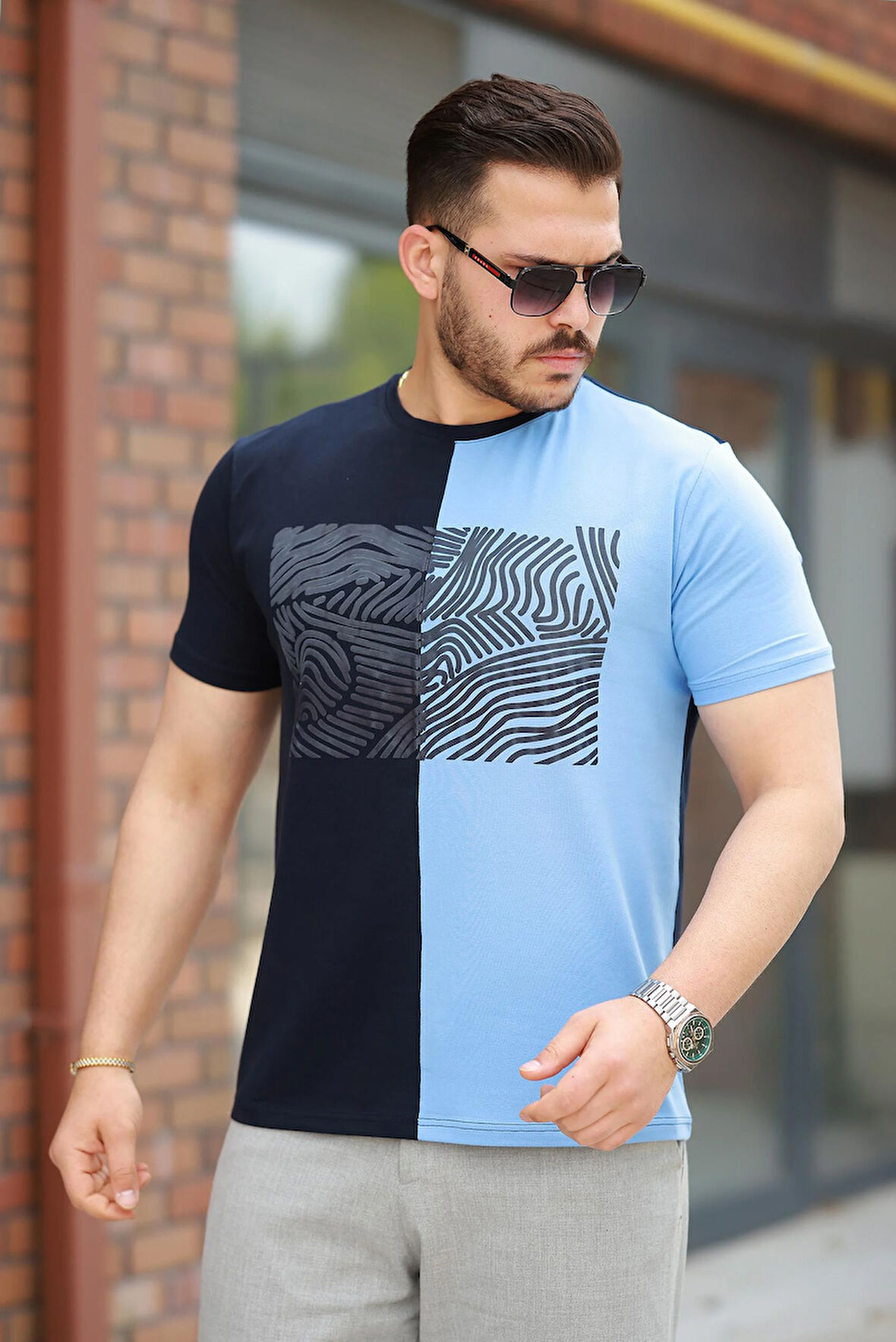 Miron Lacivert Buz Mavisi Çizgi Baskılı Regular Fit Sıfır Yaka Kısa Kollu Tişört-2522